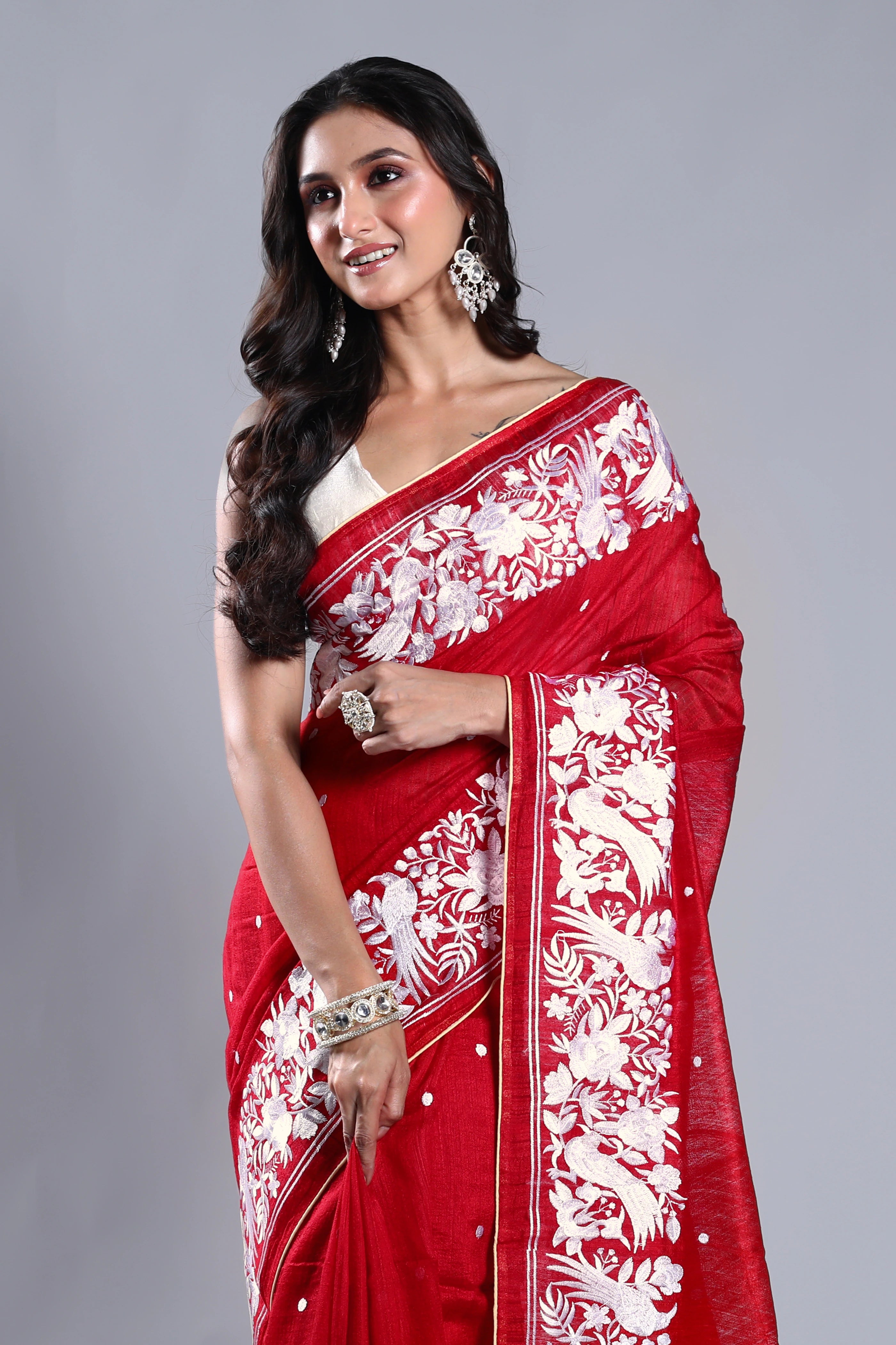 Red Matka Machine Parsi Work Saree With Blouse Piece