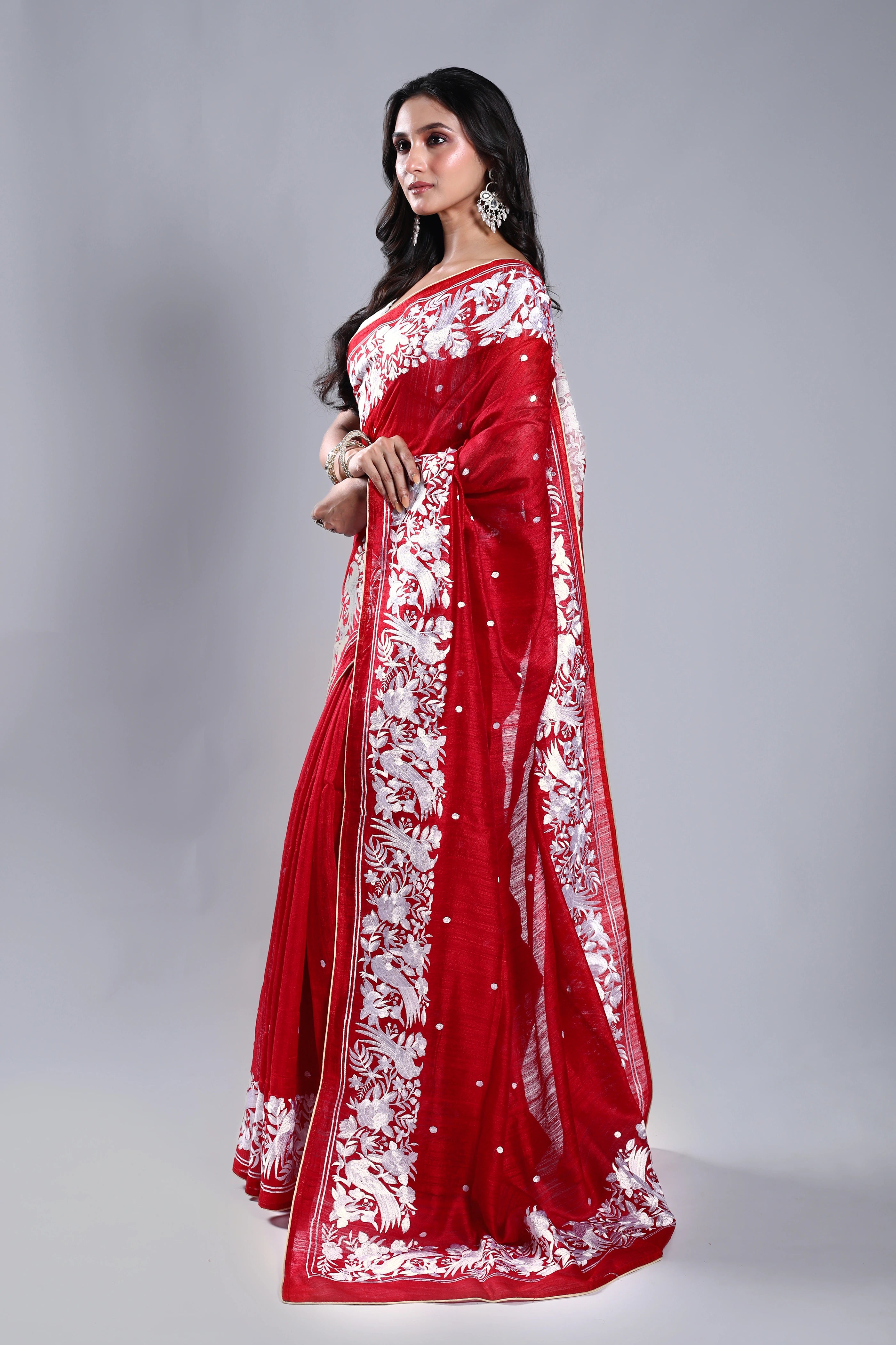 Red Matka Machine Parsi Work Saree With Blouse Piece