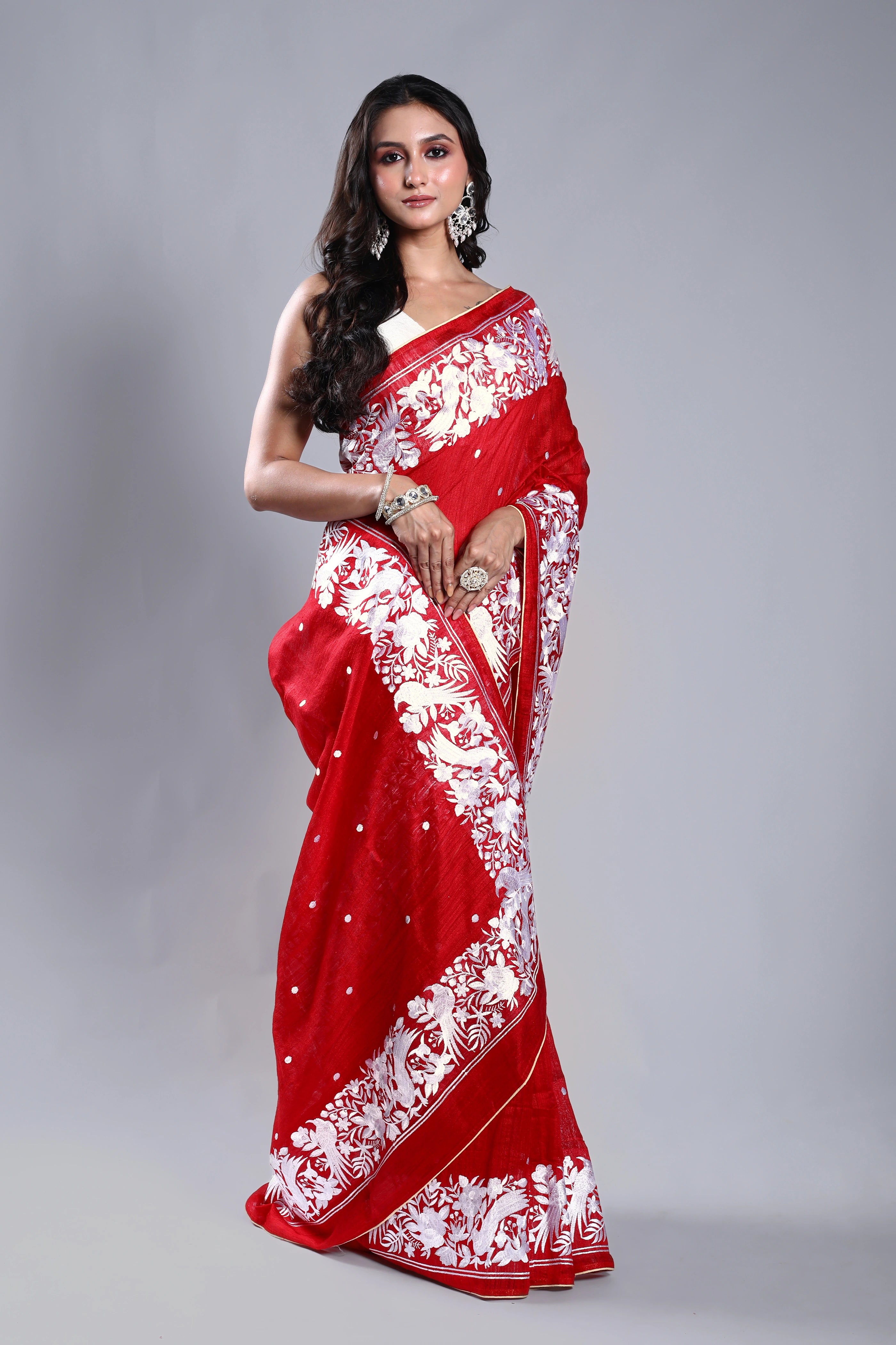 Red Matka Machine Parsi Work Saree With Blouse Piece
