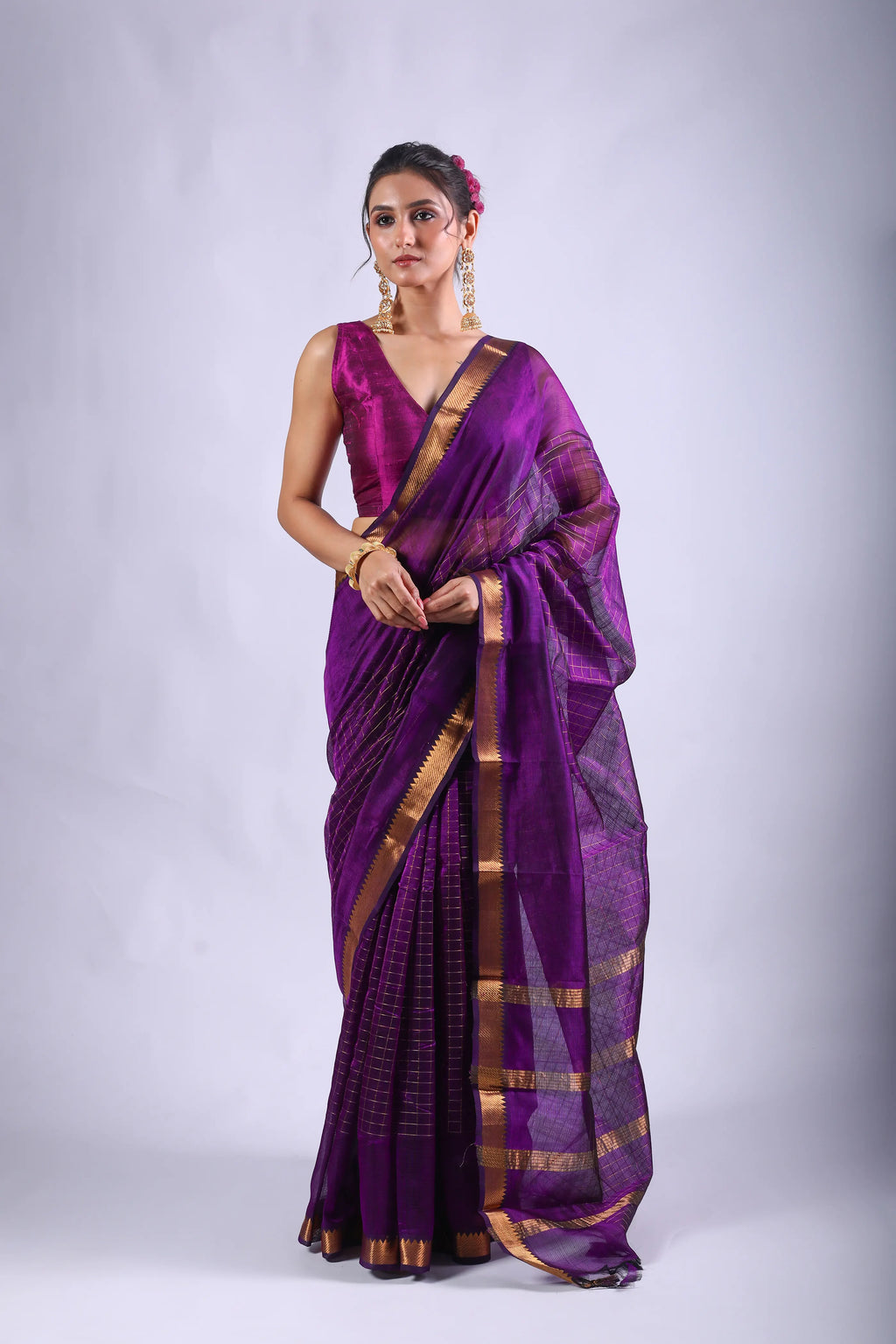 Purple Mangalgiri Silk Saree With Blouse Piece