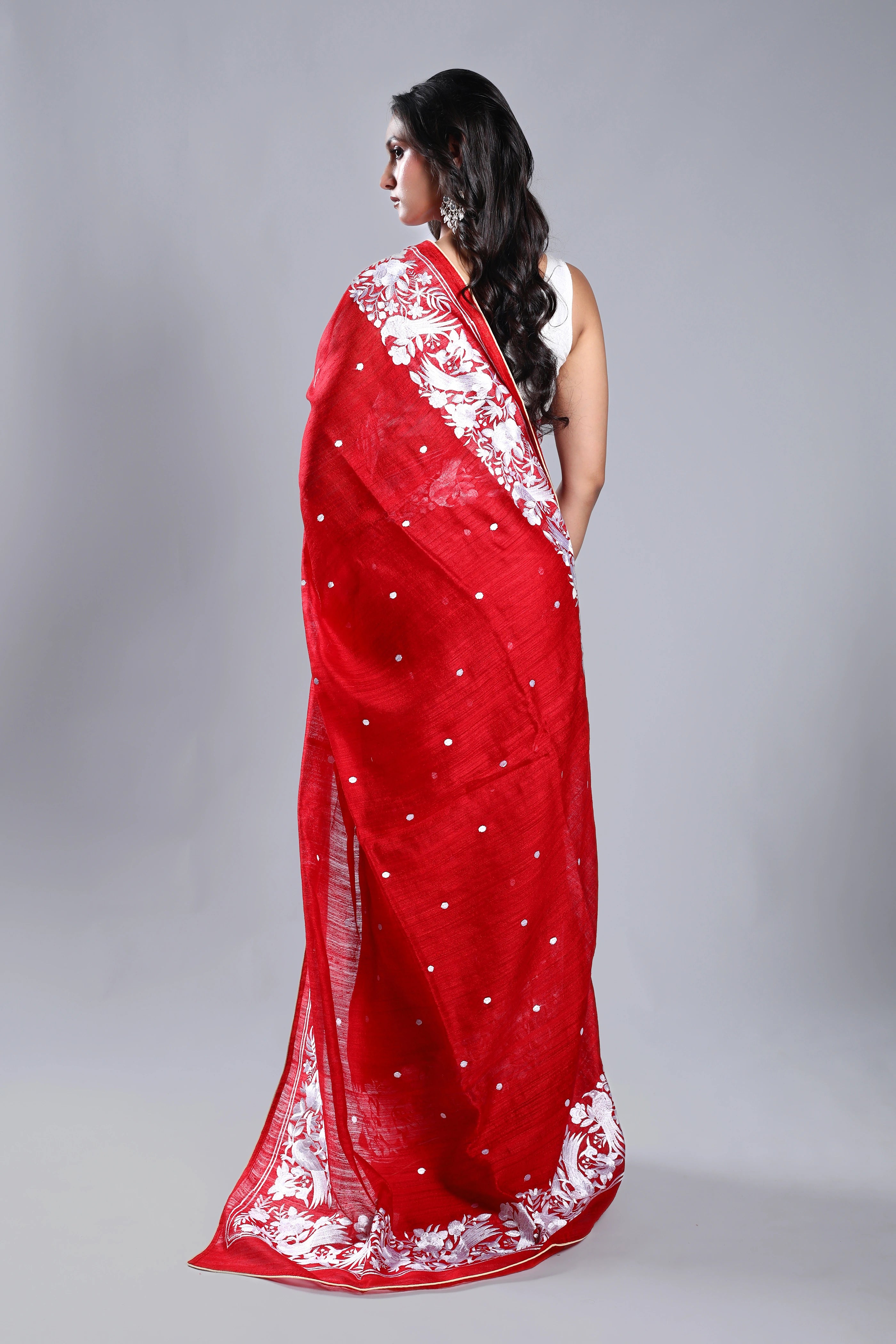 Red Matka Machine Parsi Work Saree With Blouse Piece