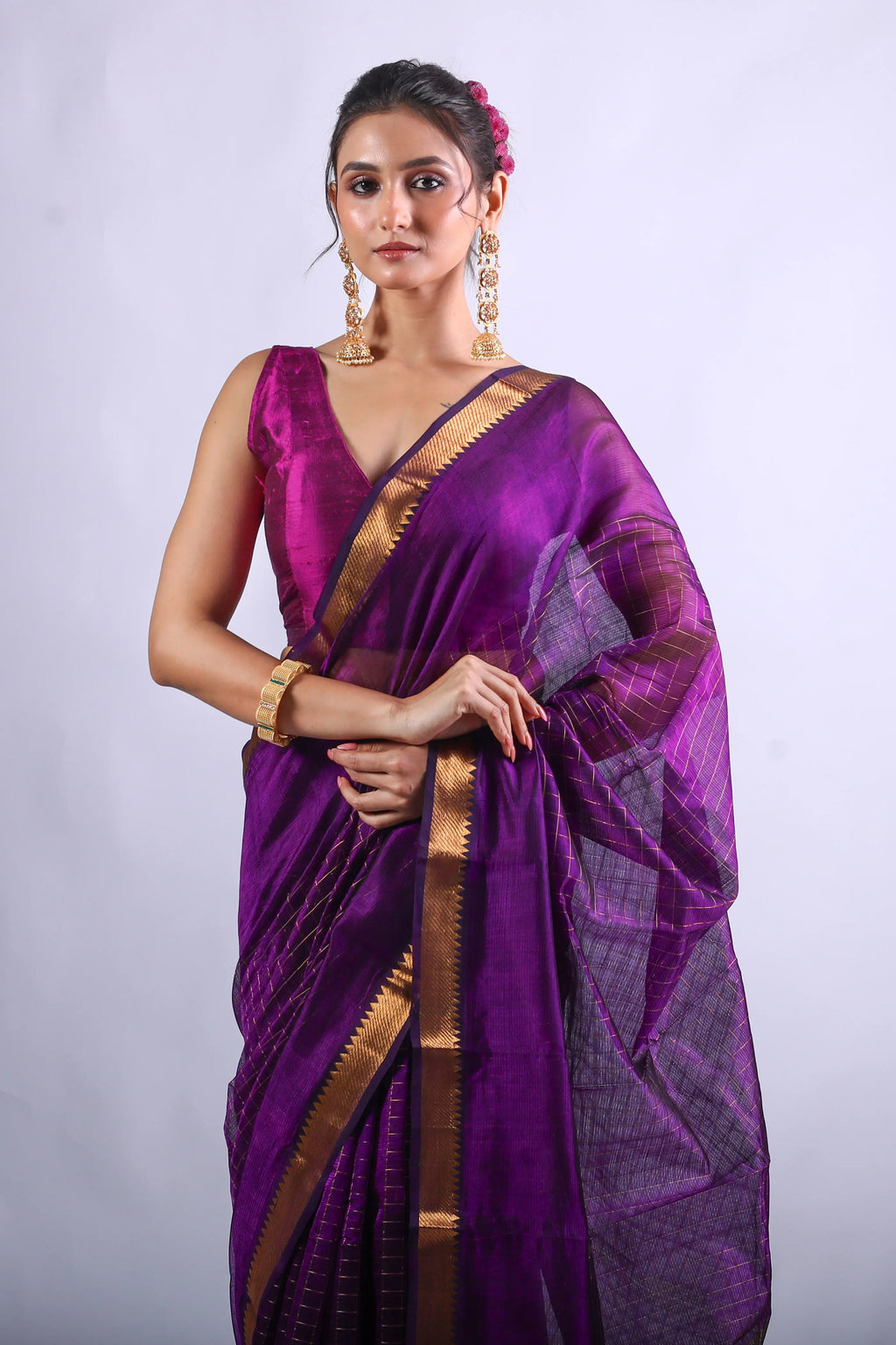 Purple Mangalgiri Silk Saree With Blouse Piece