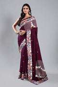 Wine Semi Tussar Parsi Work Saree With Blouse Piece