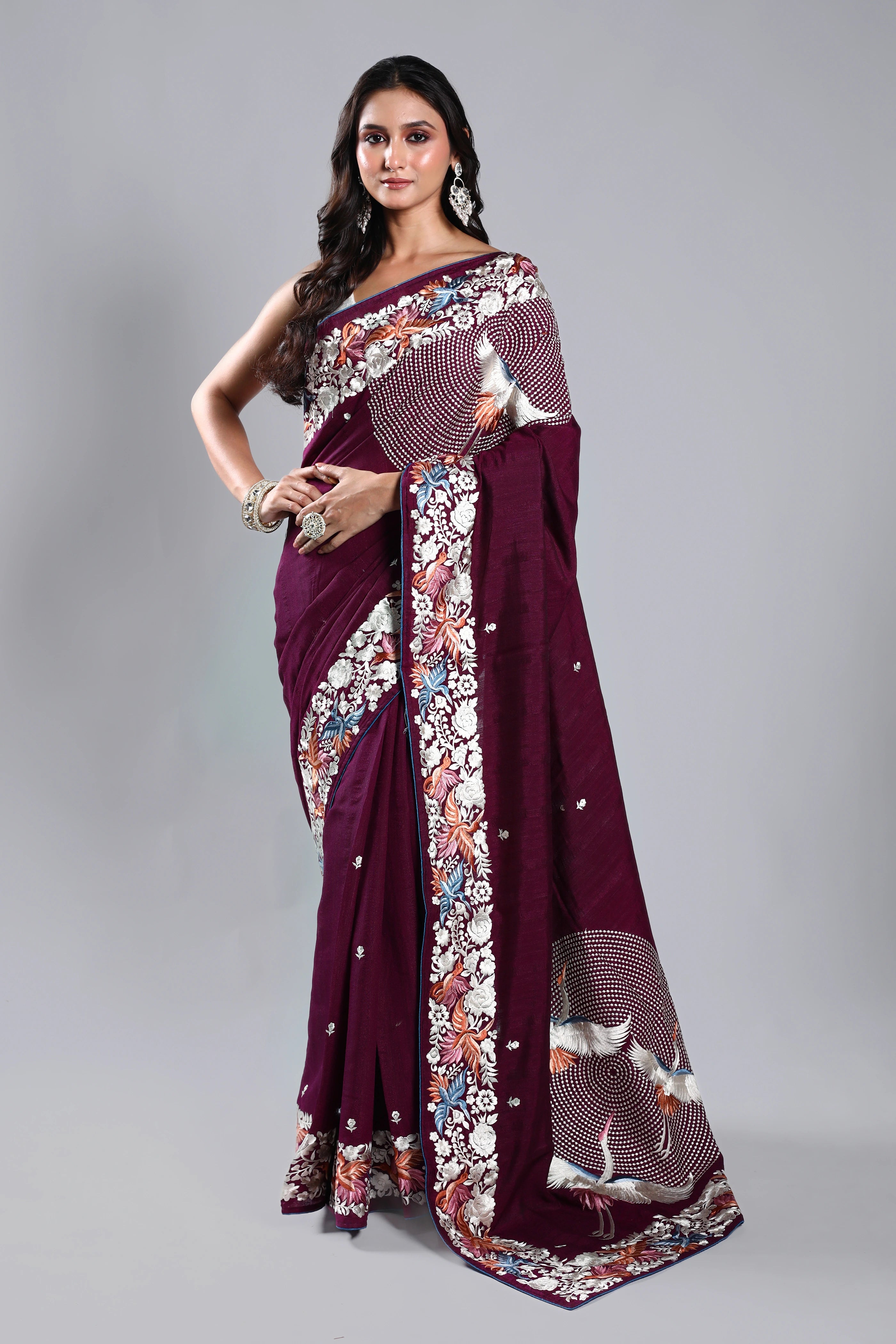 Wine Semi Tussar Parsi Work Saree With Blouse Piece