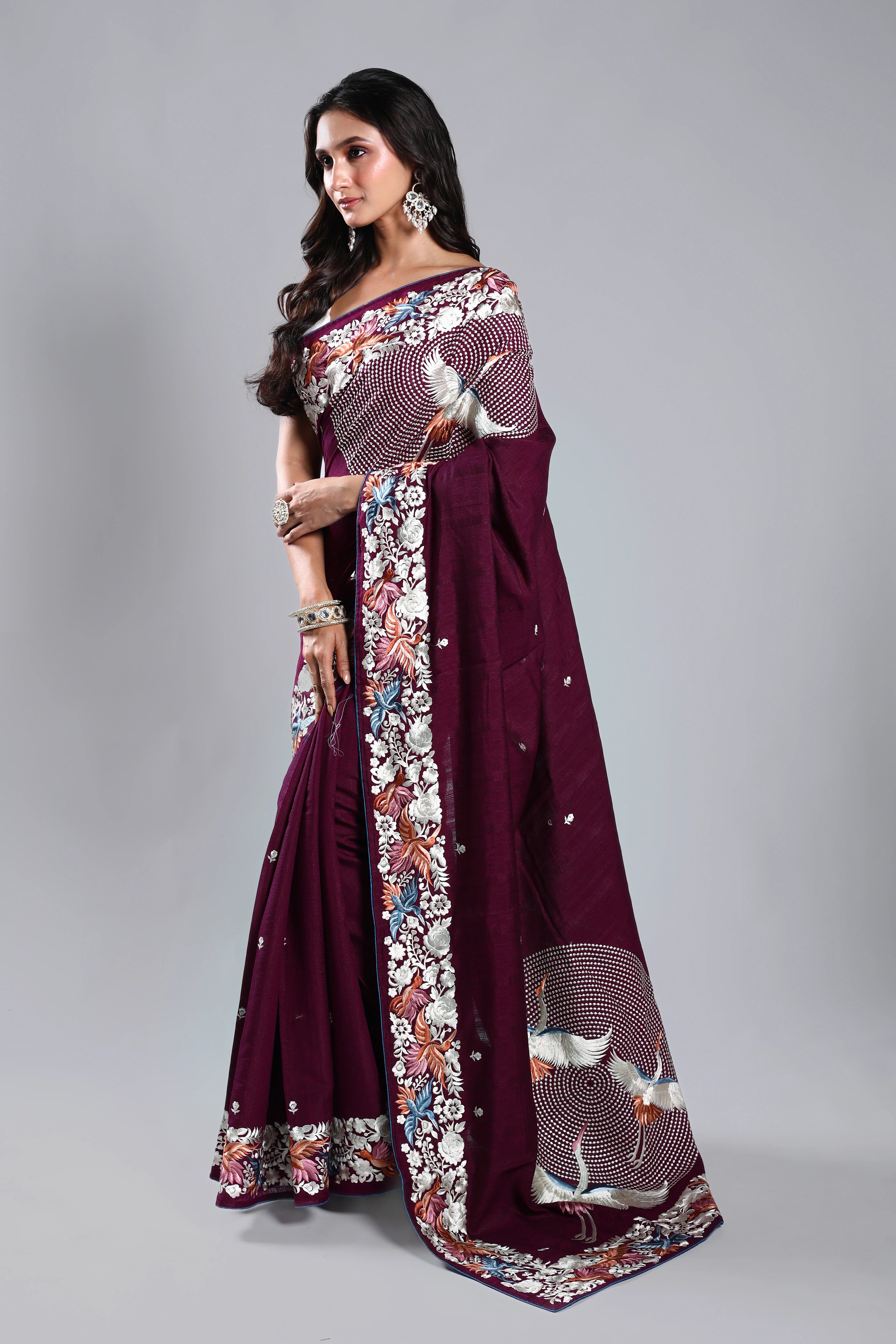 Wine Semi Tussar Parsi Work Saree With Blouse Piece