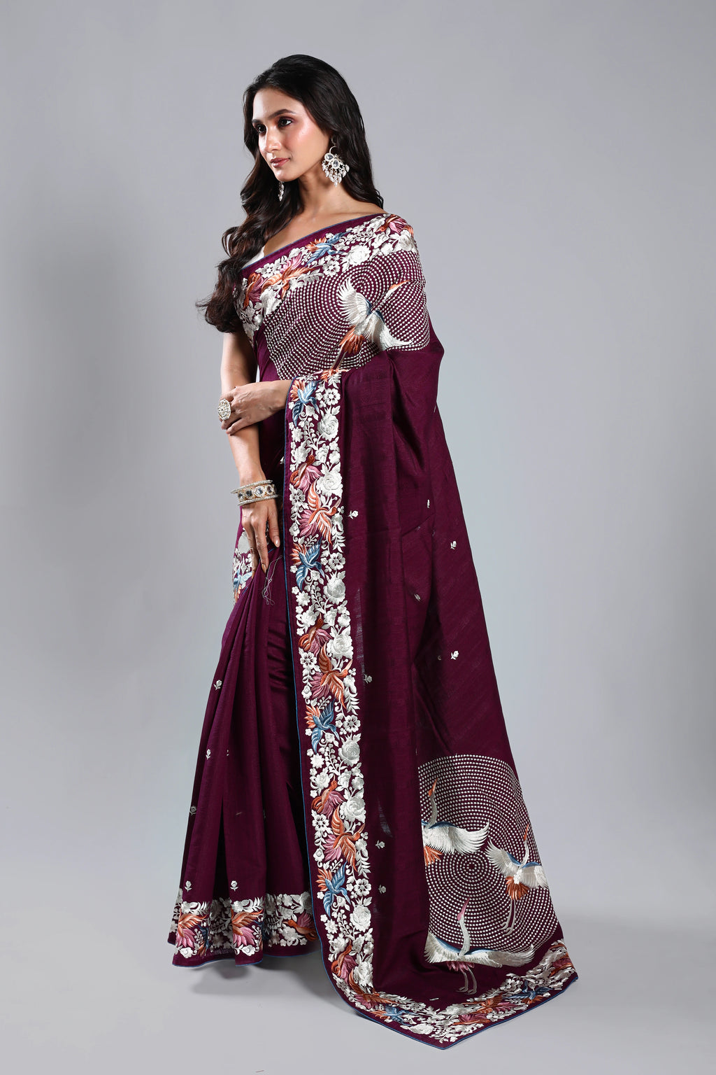 Wine Semi Tussar Parsi Work Saree With Blouse Piece