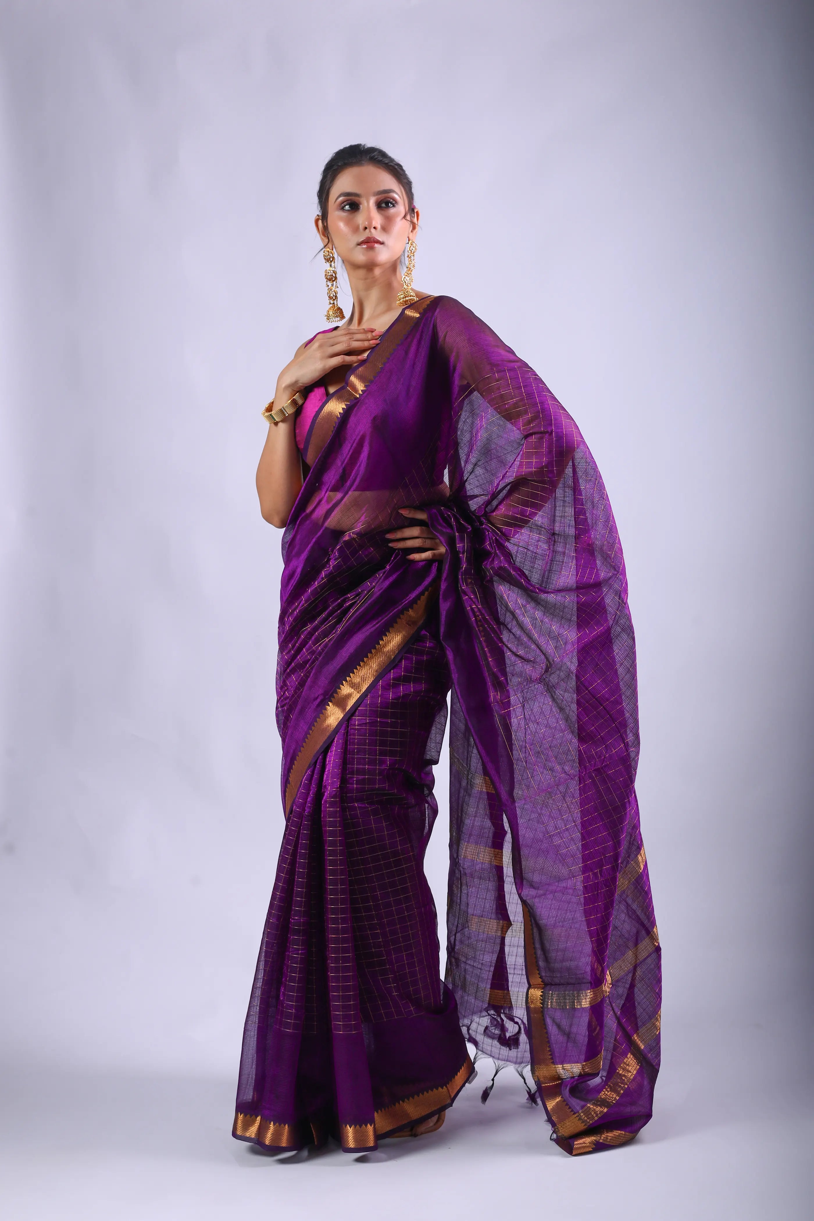 Purple Mangalgiri Silk Saree With Blouse Piece