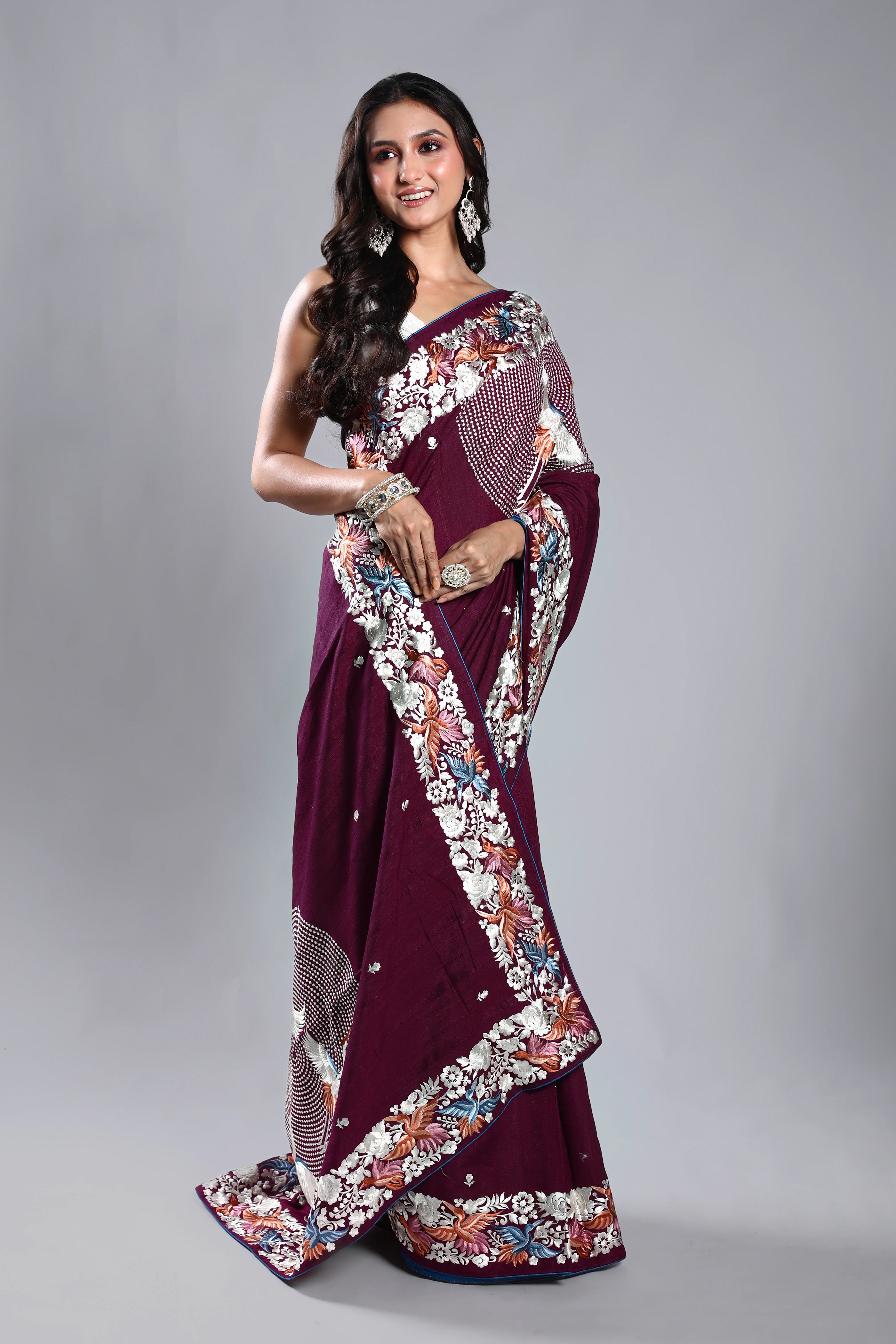 Wine Semi Tussar Parsi Work Saree With Blouse Piece