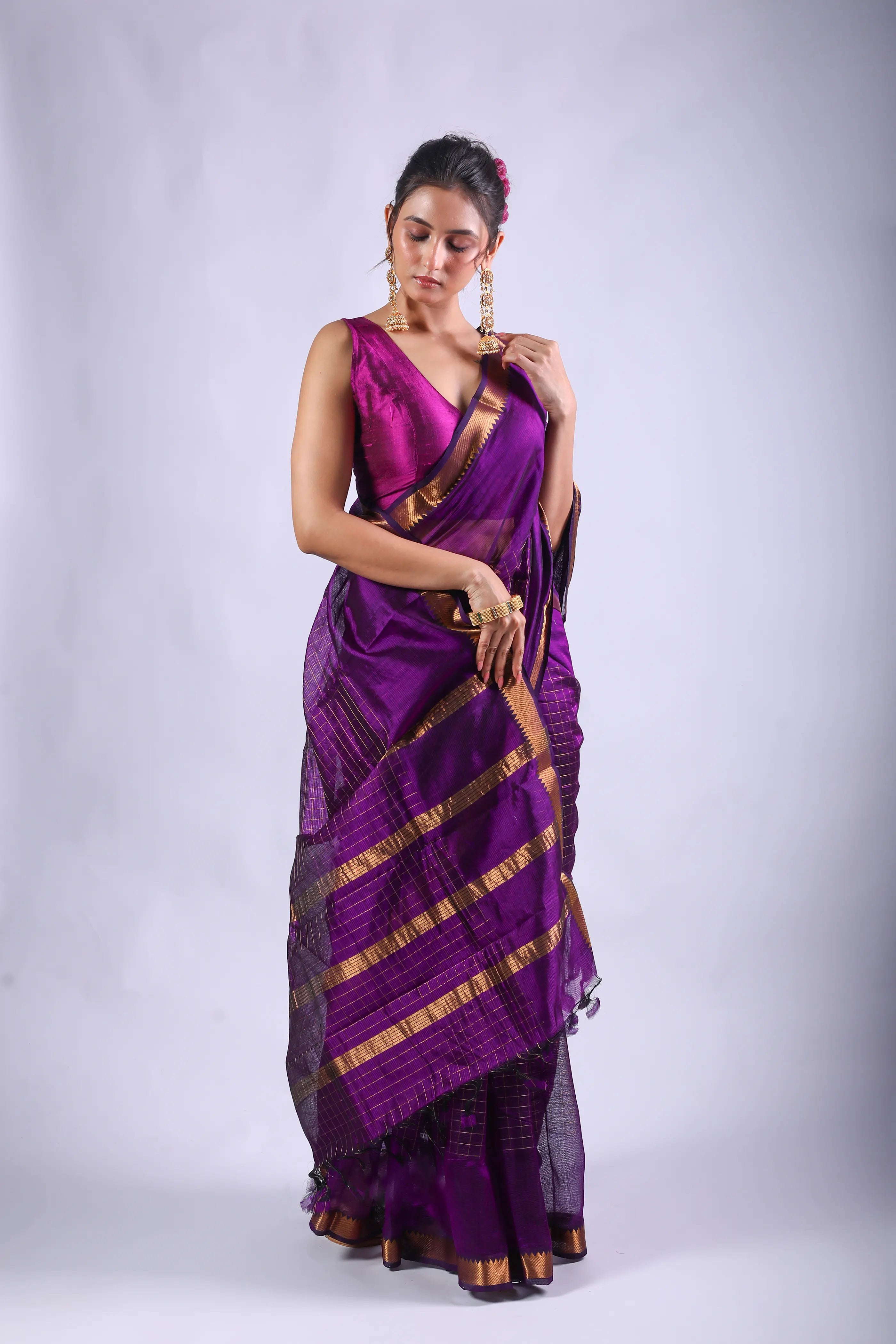 Purple Mangalgiri Silk Saree With Blouse Piece