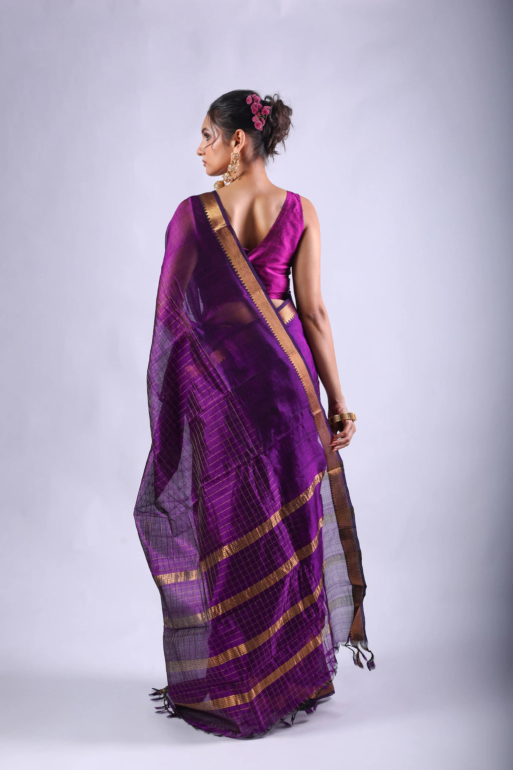 Purple Mangalgiri Silk Saree With Blouse Piece