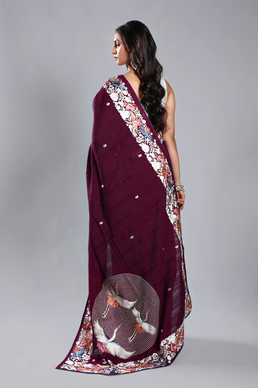 Wine Semi Tussar Parsi Work Saree With Blouse Piece