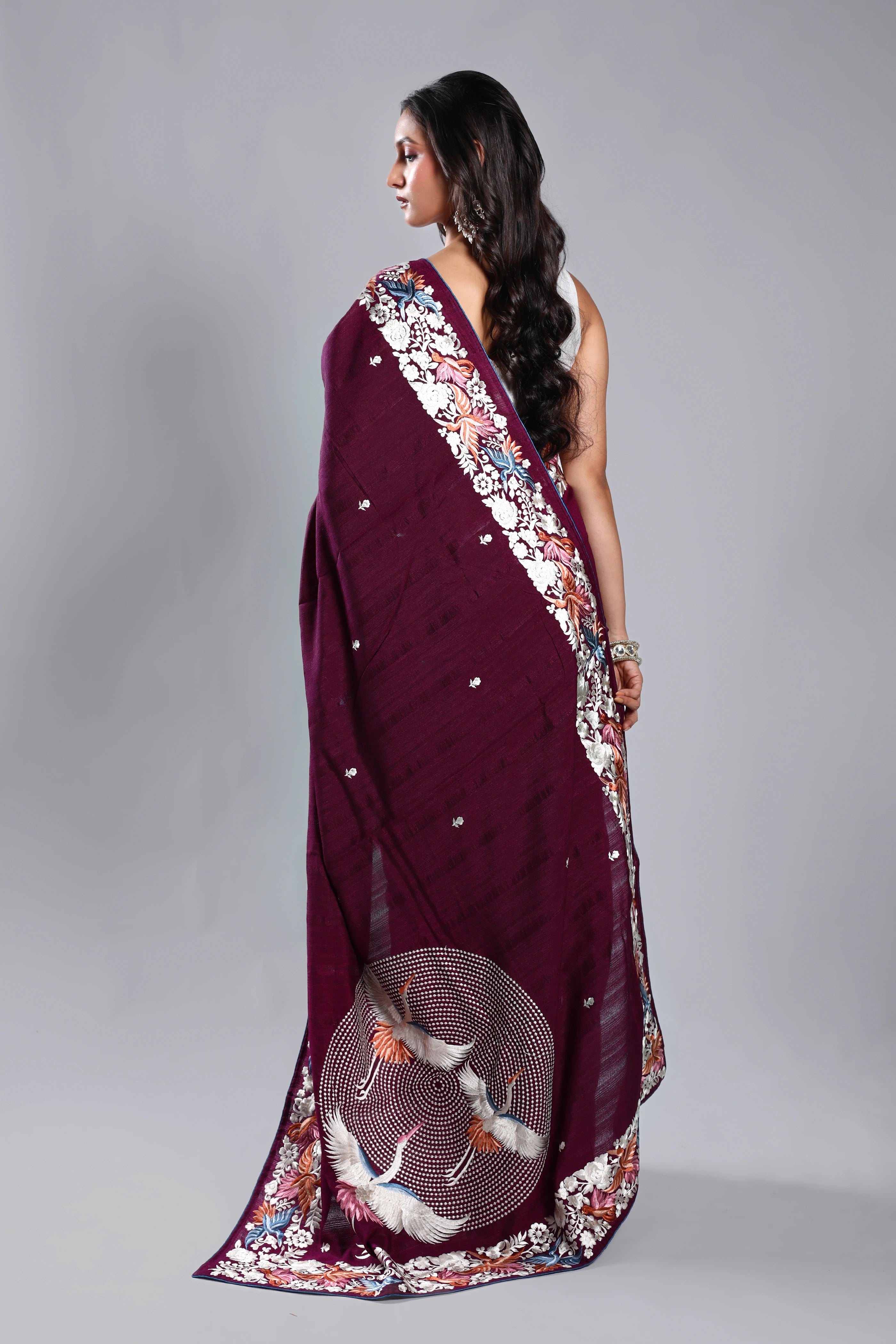 Wine Semi Tussar Parsi Work Saree With Blouse Piece