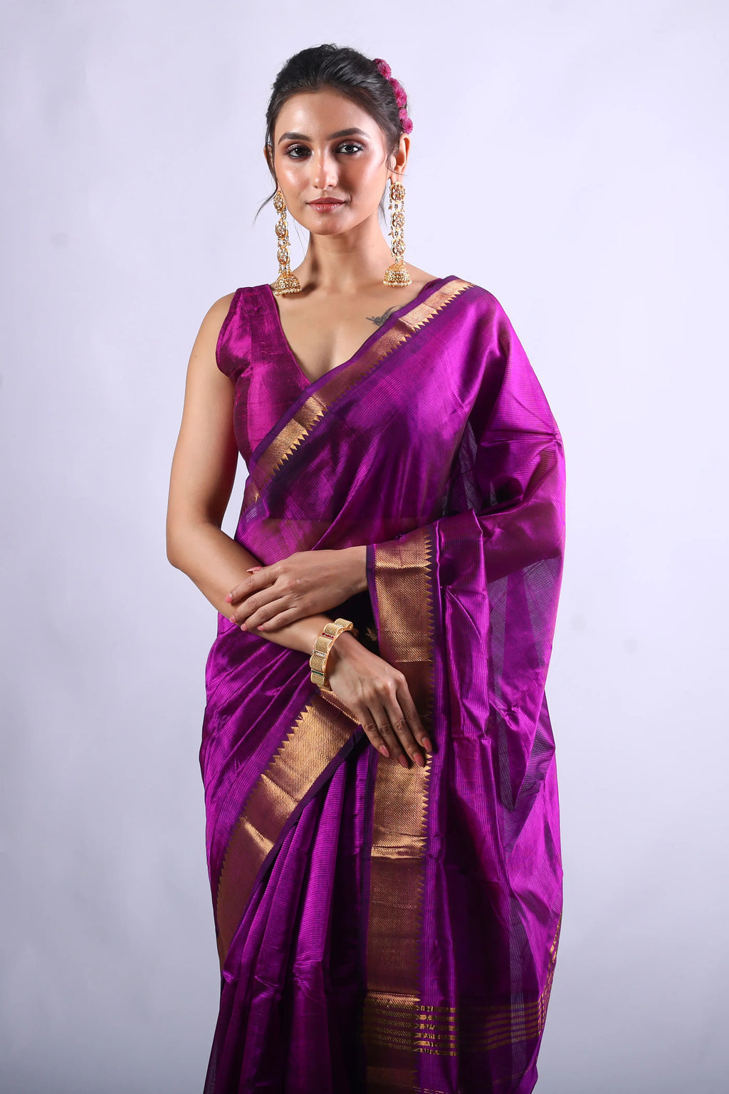 Purple Silk Mangalgiri Saree With Blouse Piece