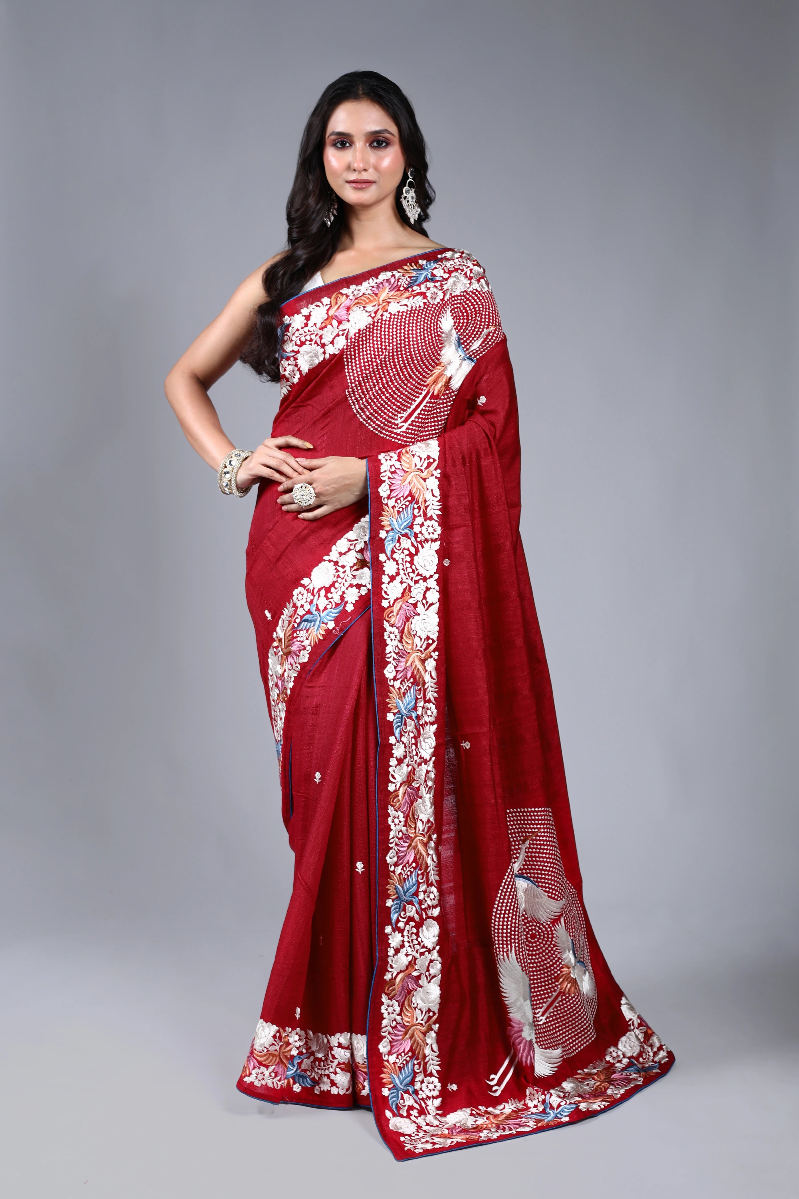 Red Semi Tussar Parsi Work Saree With Blouse Piece