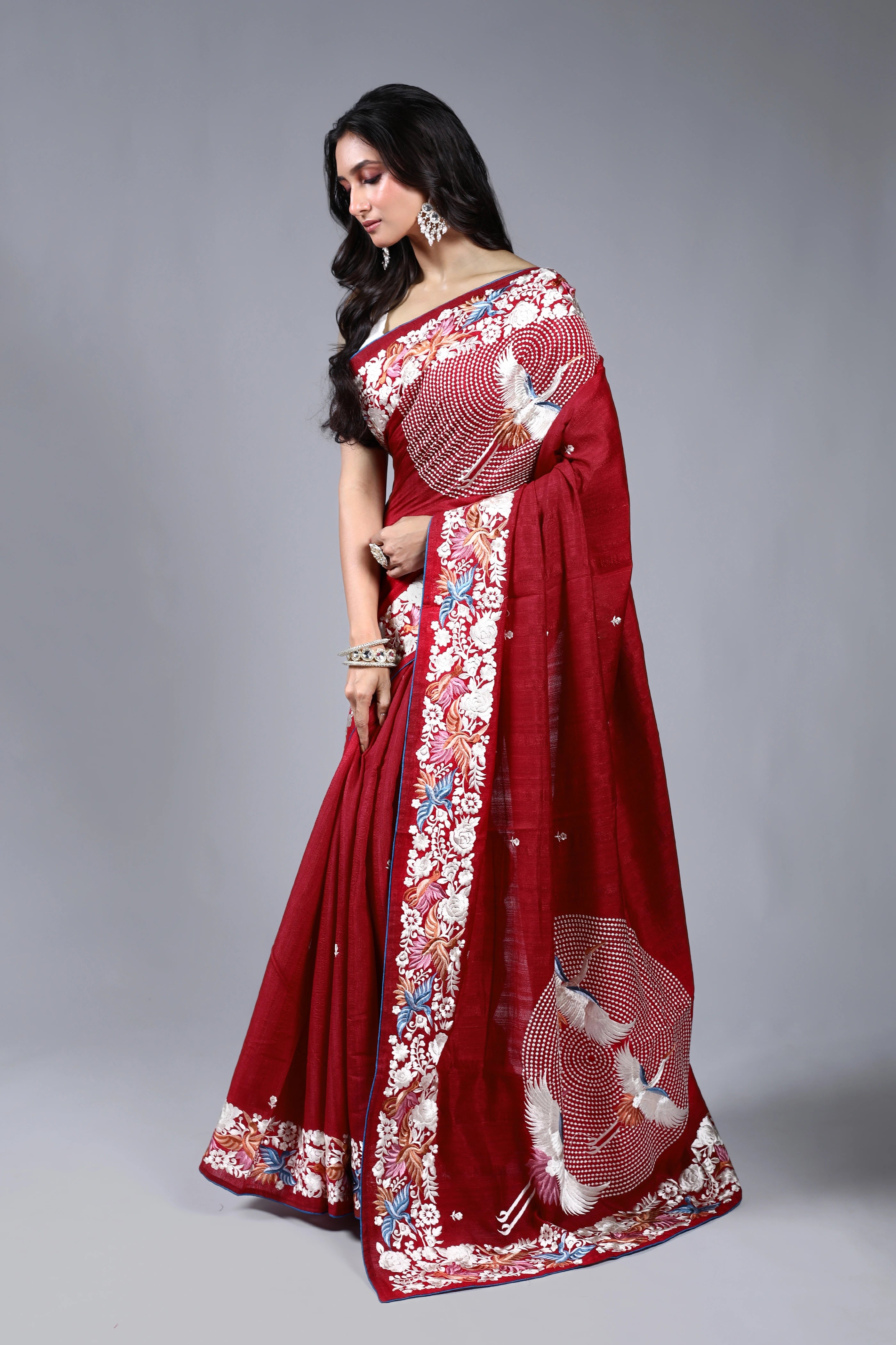 Red Semi Tussar Parsi Work Saree With Blouse Piece