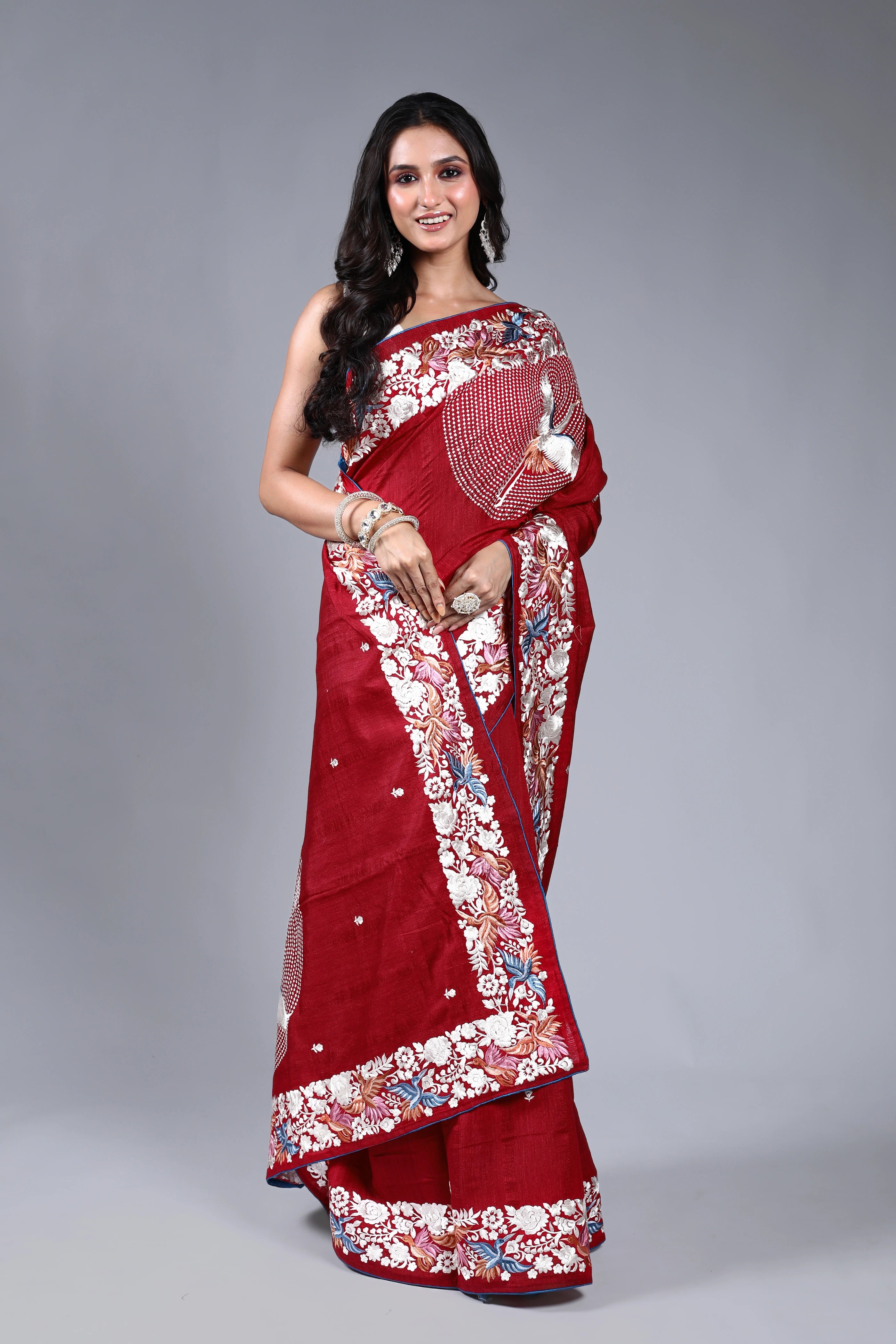Red Semi Tussar Parsi Work Saree With Blouse Piece