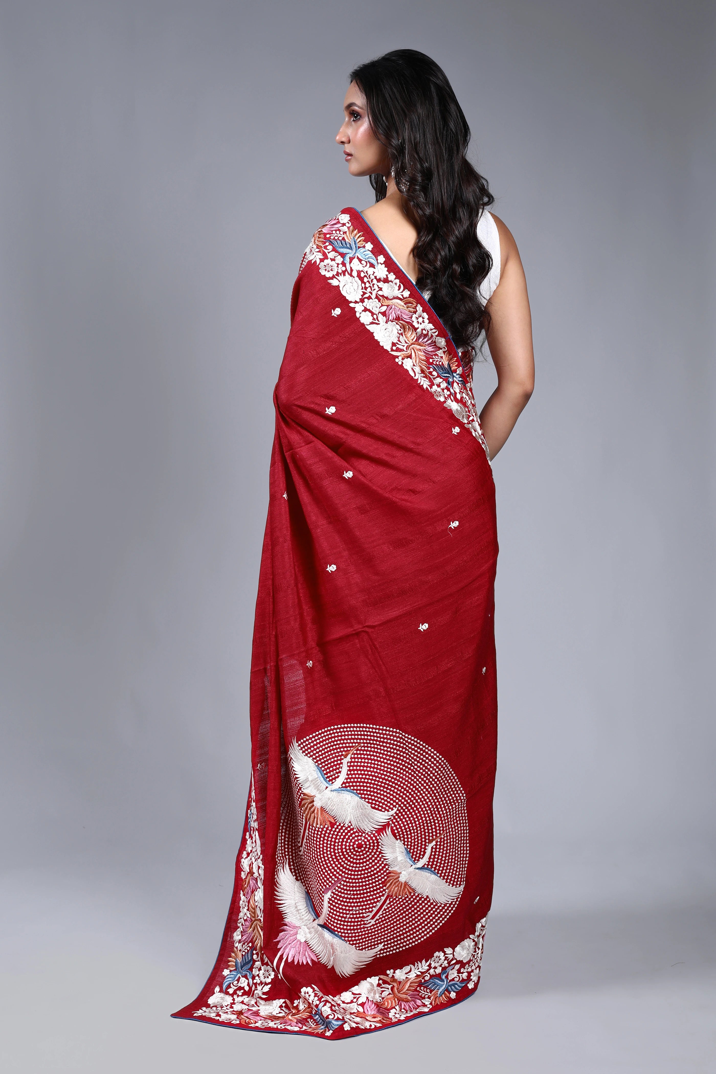 Red Semi Tussar Parsi Work Saree With Blouse Piece