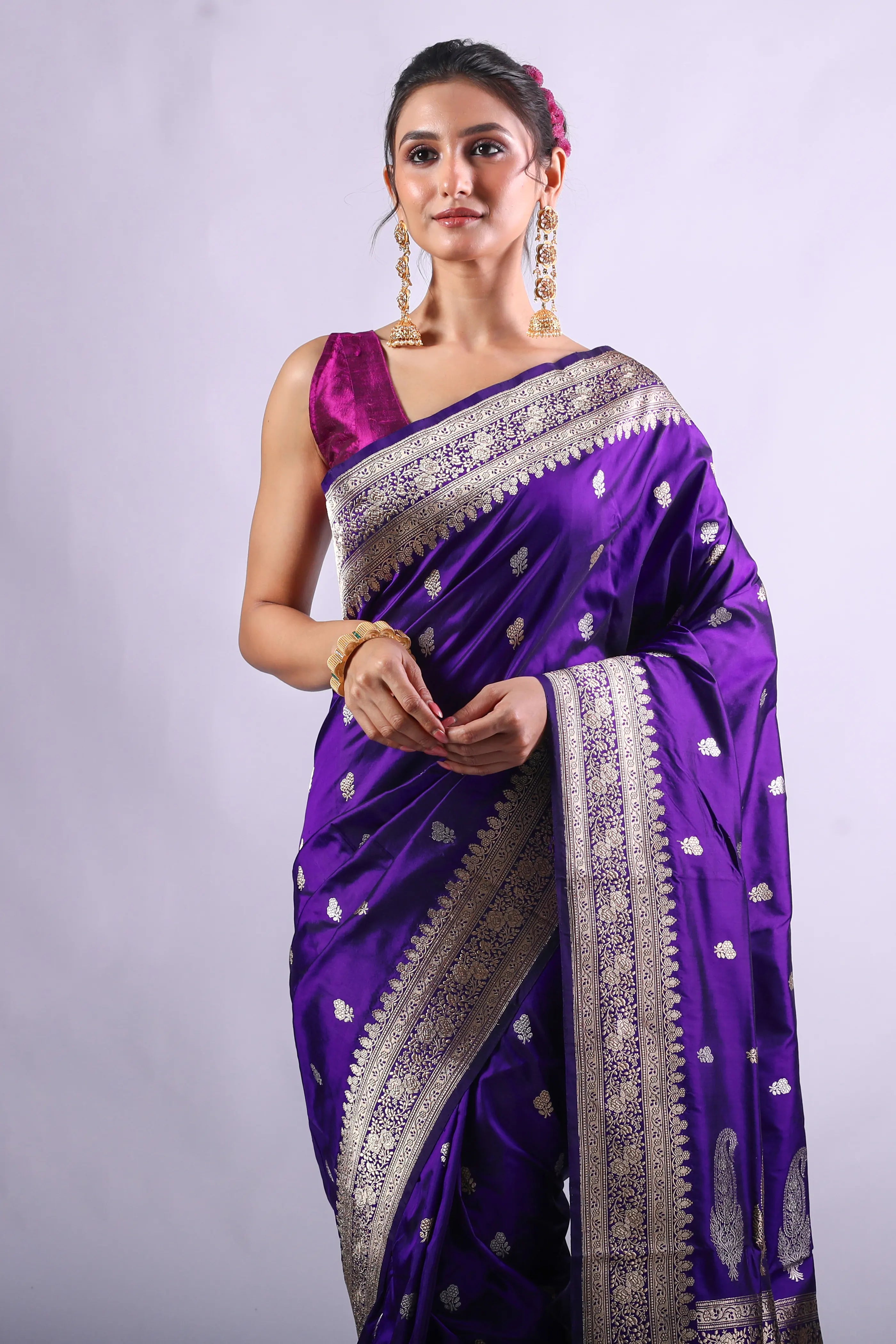 Purple Katan Banarasi Saree With Blouse Piece