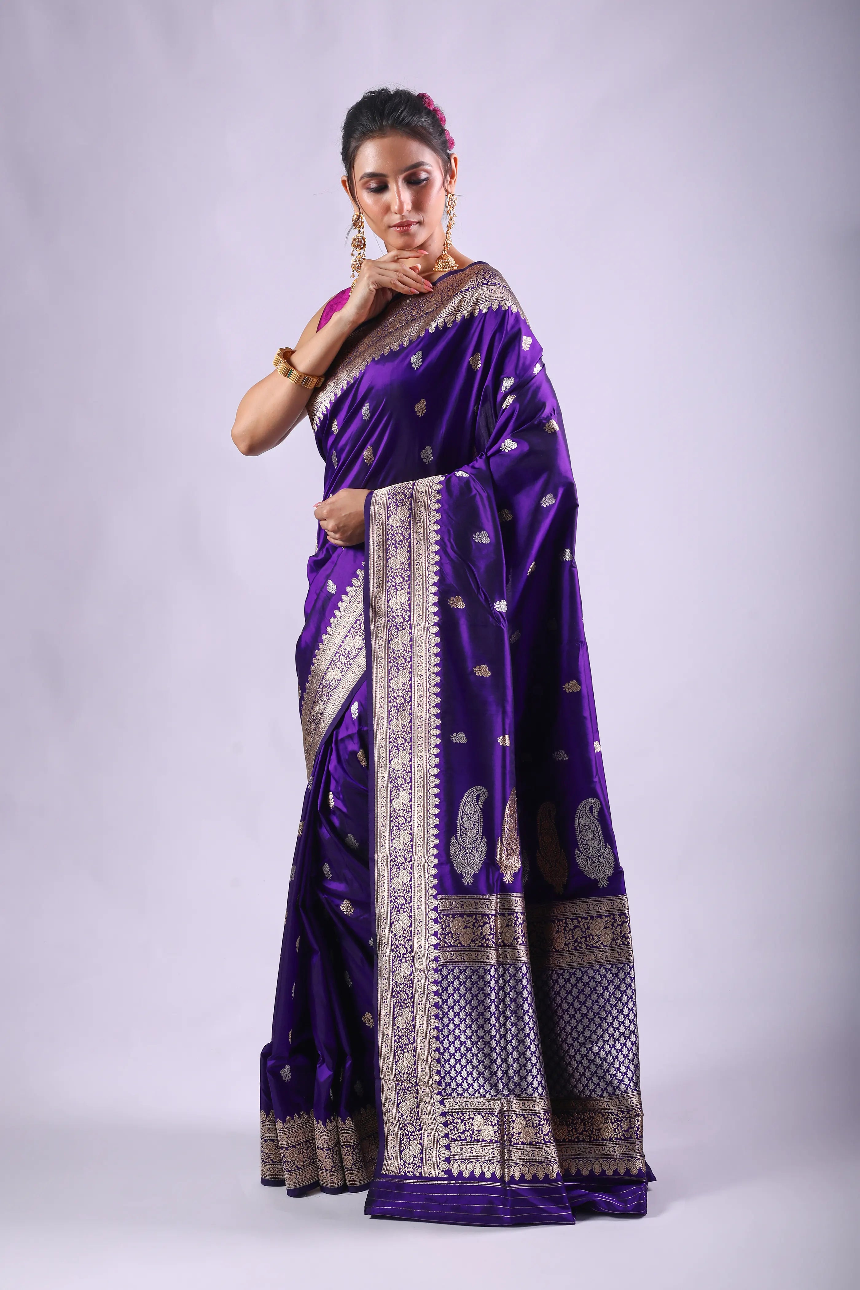 Purple Katan Banarasi Saree With Blouse Piece