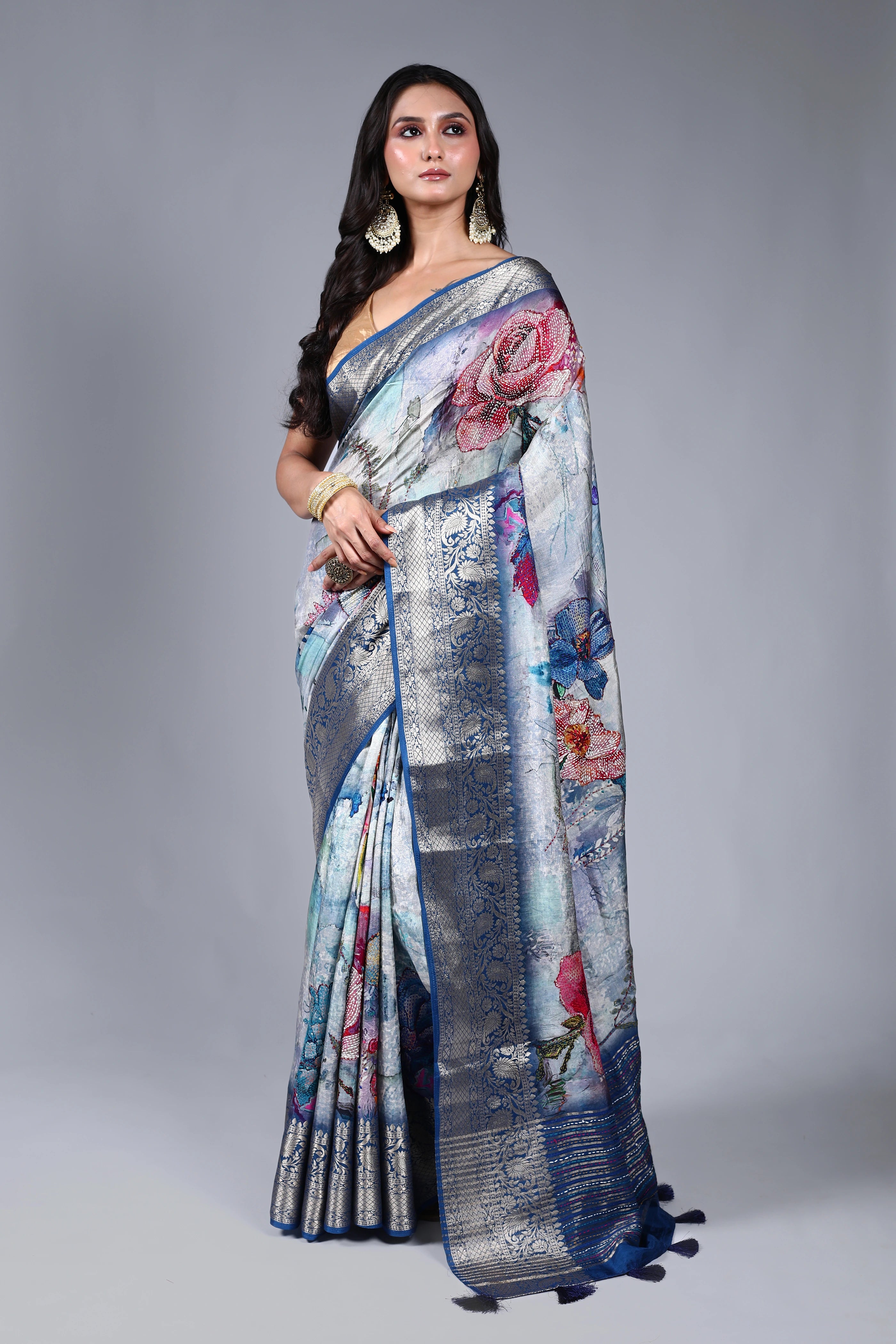 Grey Semi Mashru Saree With Blouse Piece
