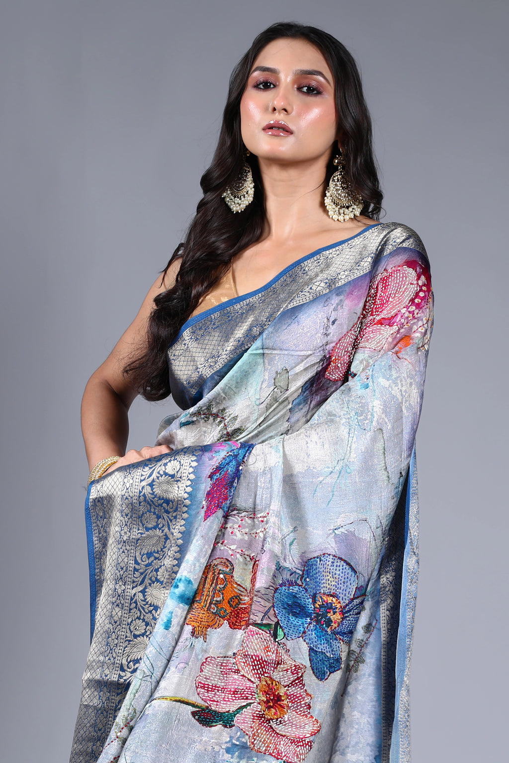 Grey Semi Mashru Saree With Blouse Piece
