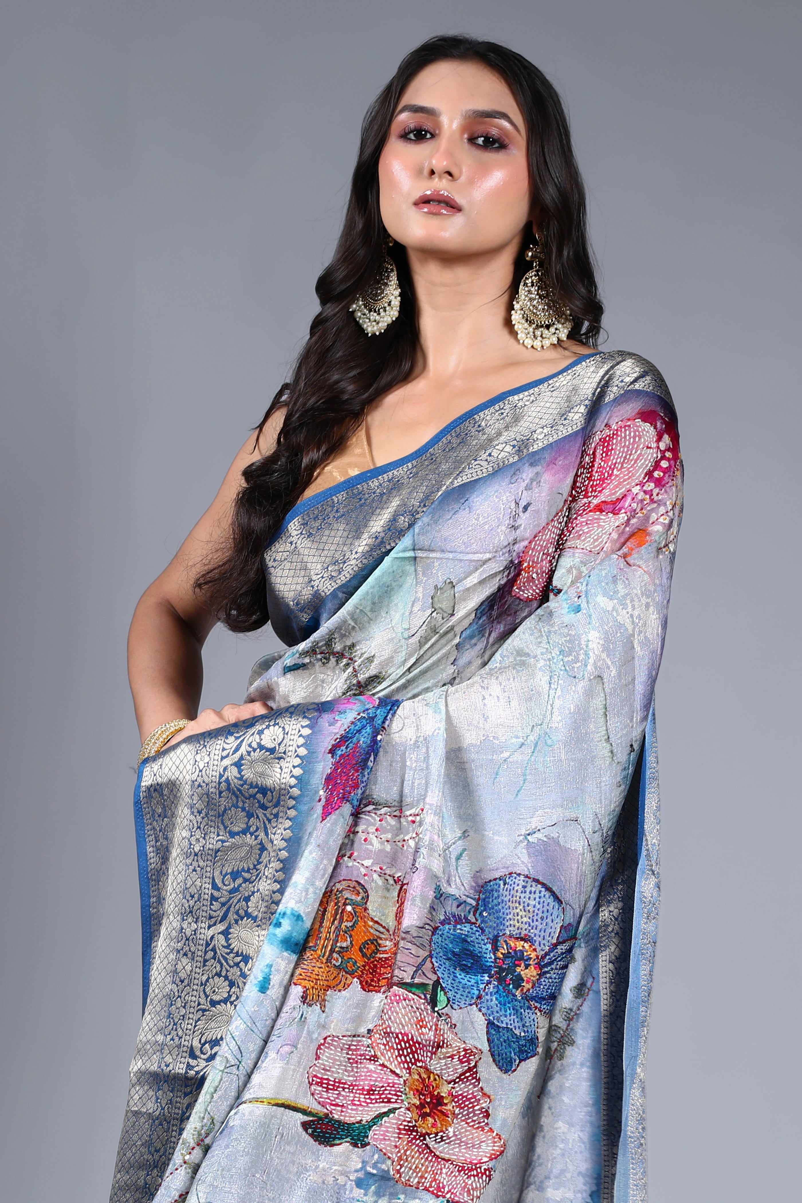 Grey Semi Mashru Saree With Blouse Piece