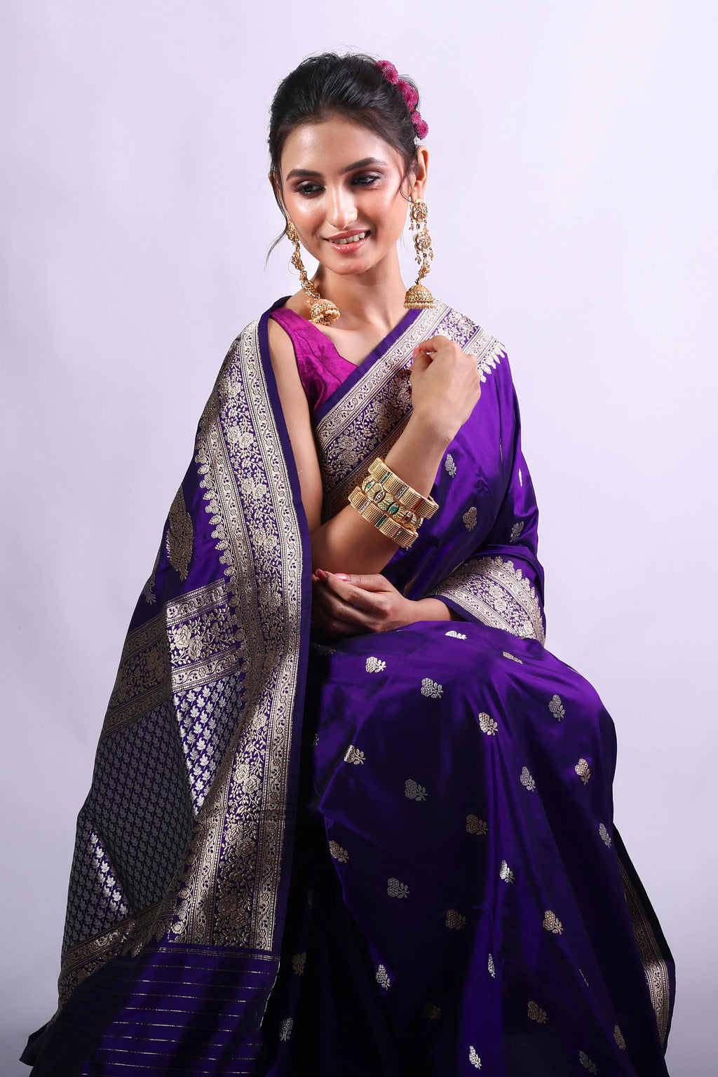 Purple Katan Banarasi Saree With Blouse Piece