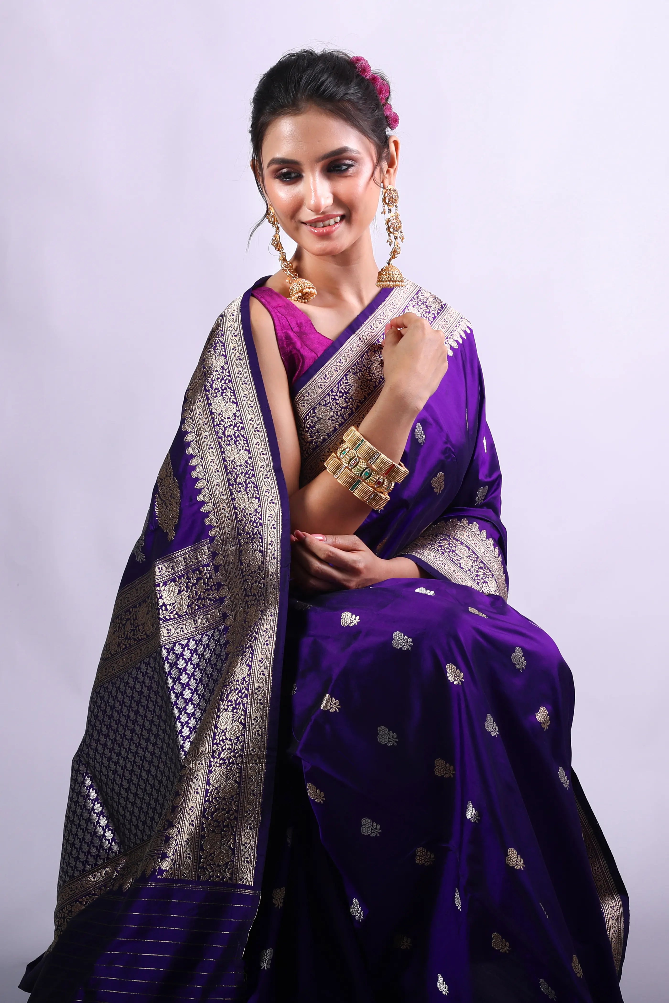 Purple Katan Banarasi Saree With Blouse Piece