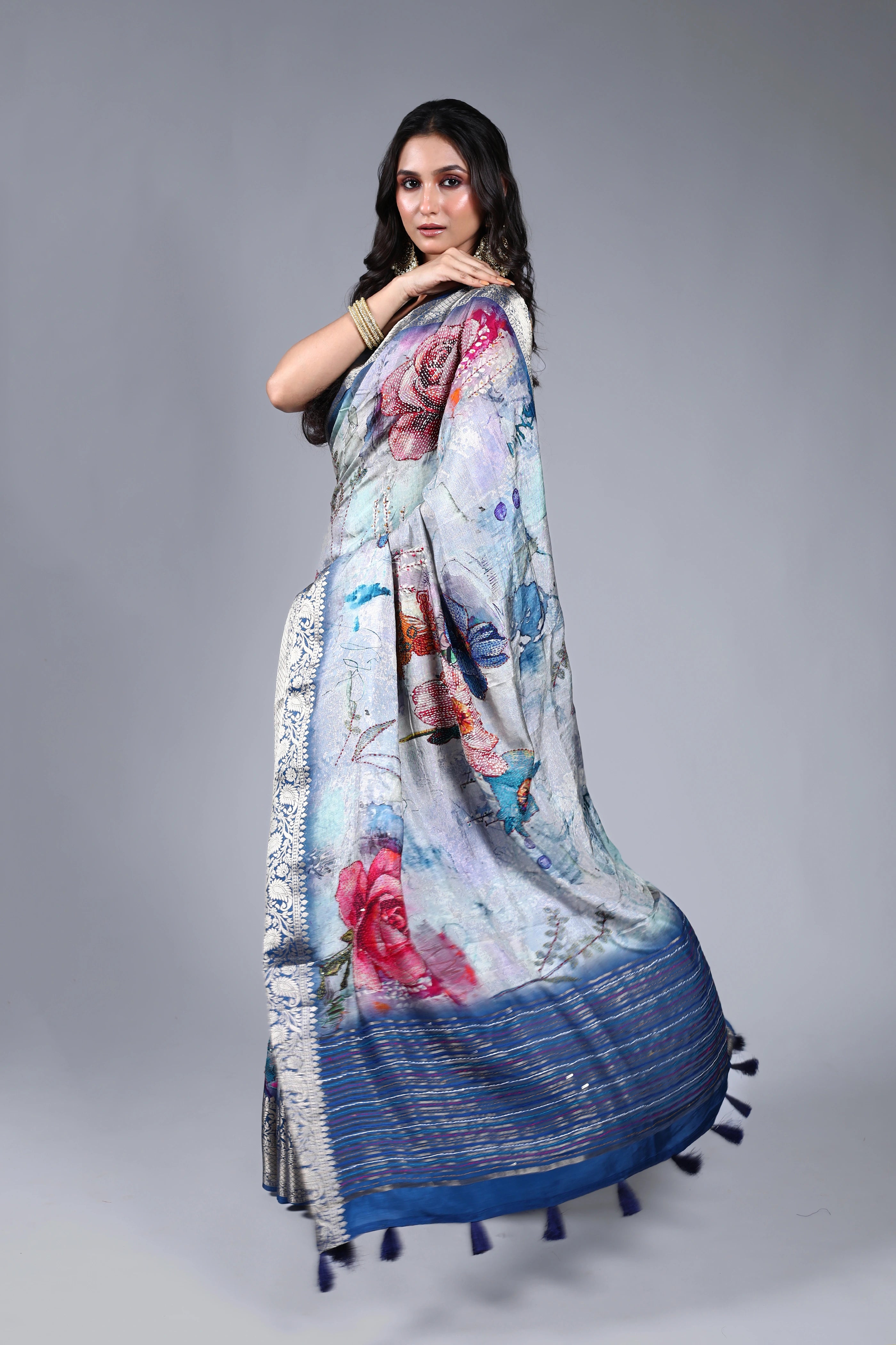 Grey Semi Mashru Saree With Blouse Piece