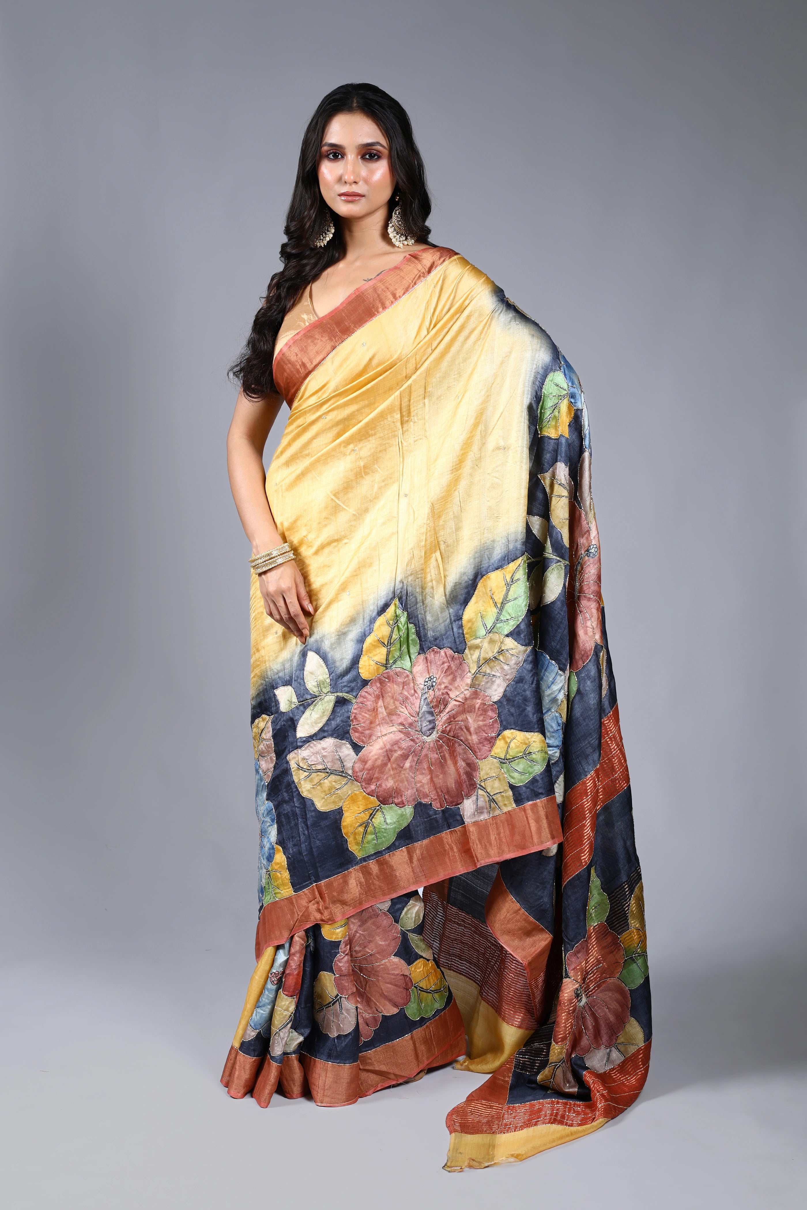 Yellow Tussar Cutdana Embroidery Saree With Blouse Piece