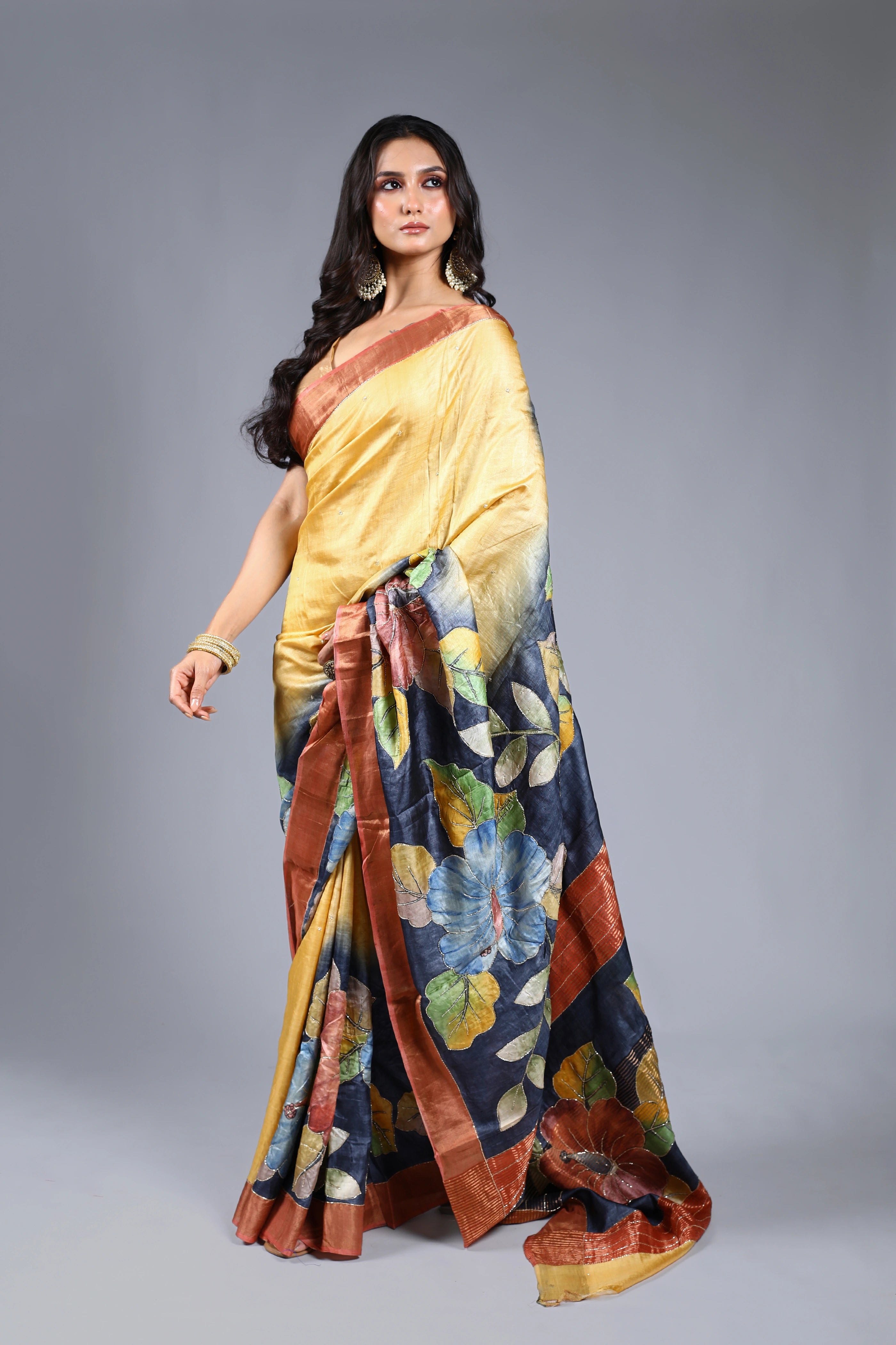 Yellow Tussar Cutdana Embroidery Saree With Blouse Piece