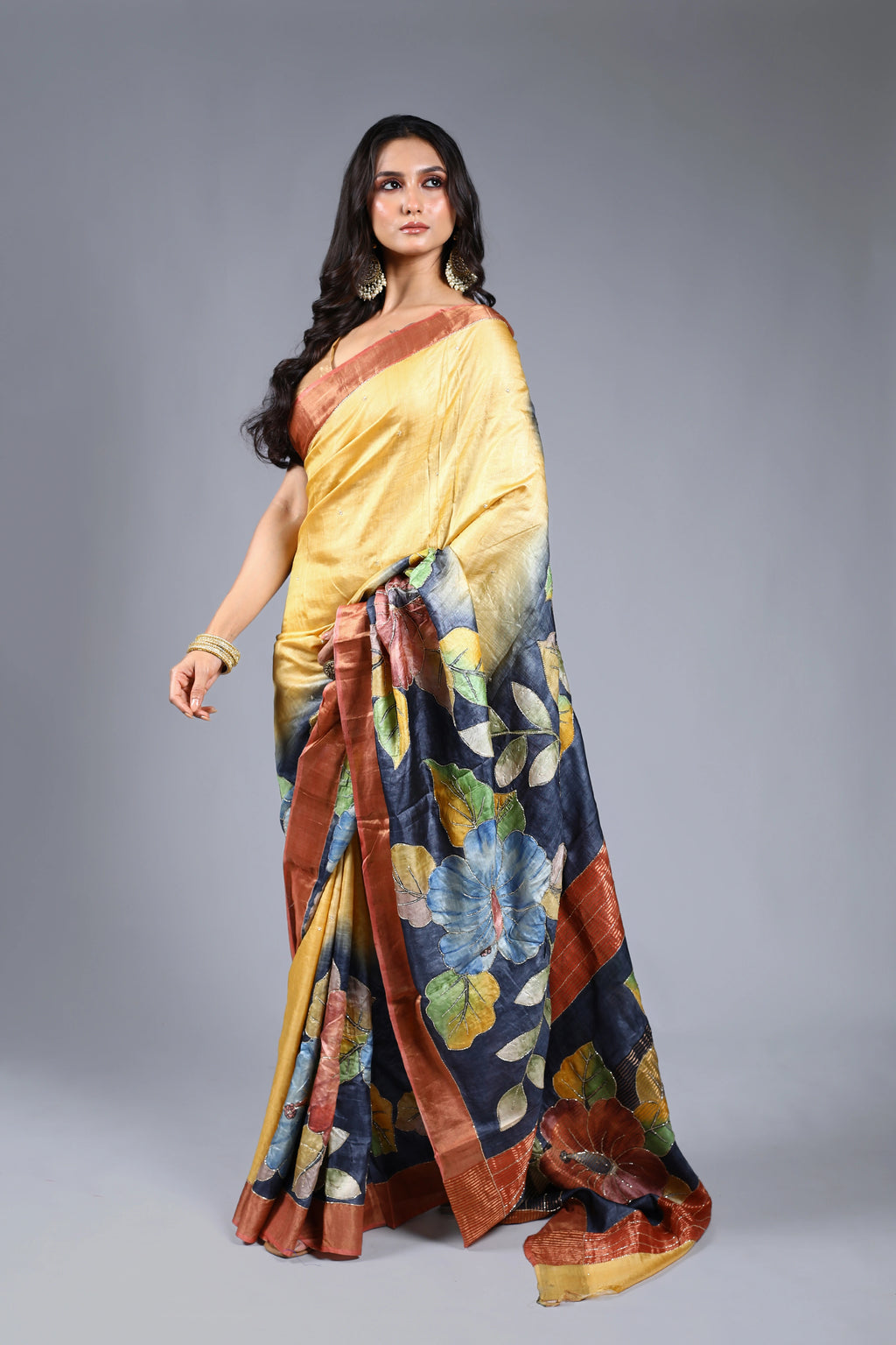 Yellow Tussar Cutdana Embroidery Saree With Blouse Piece