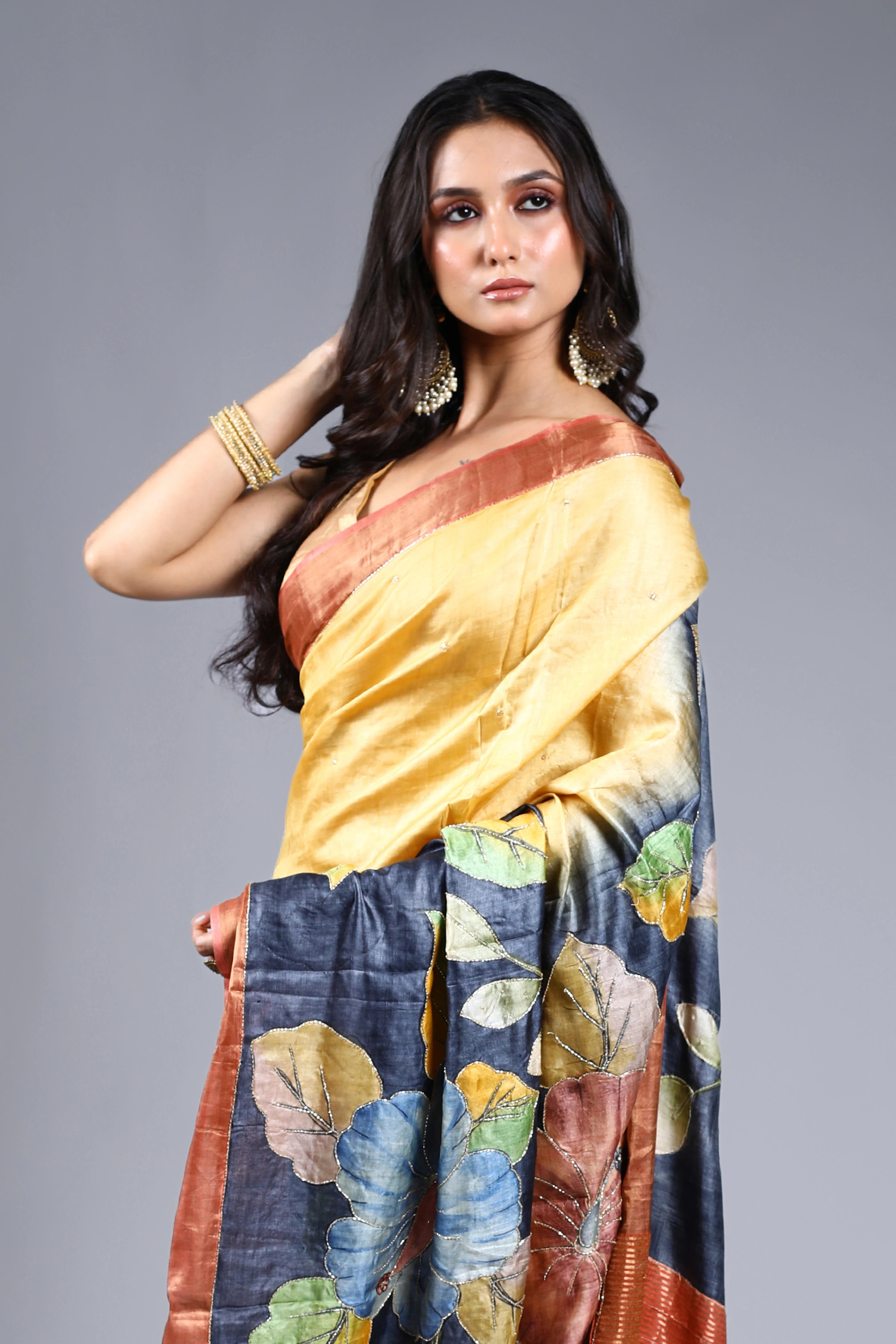 Yellow Tussar Cutdana Embroidery Saree With Blouse Piece