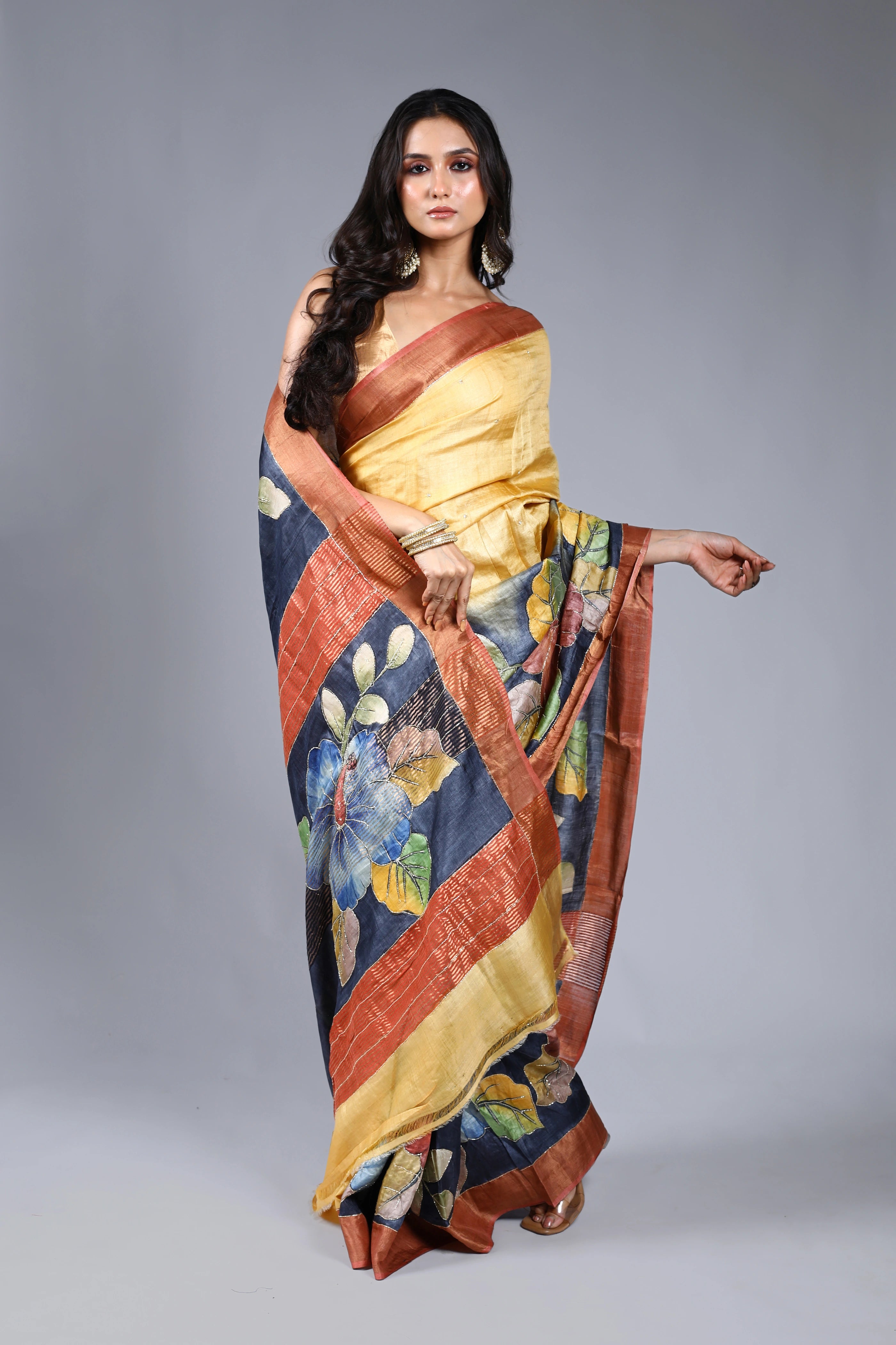 Yellow Tussar Cutdana Embroidery Saree With Blouse Piece