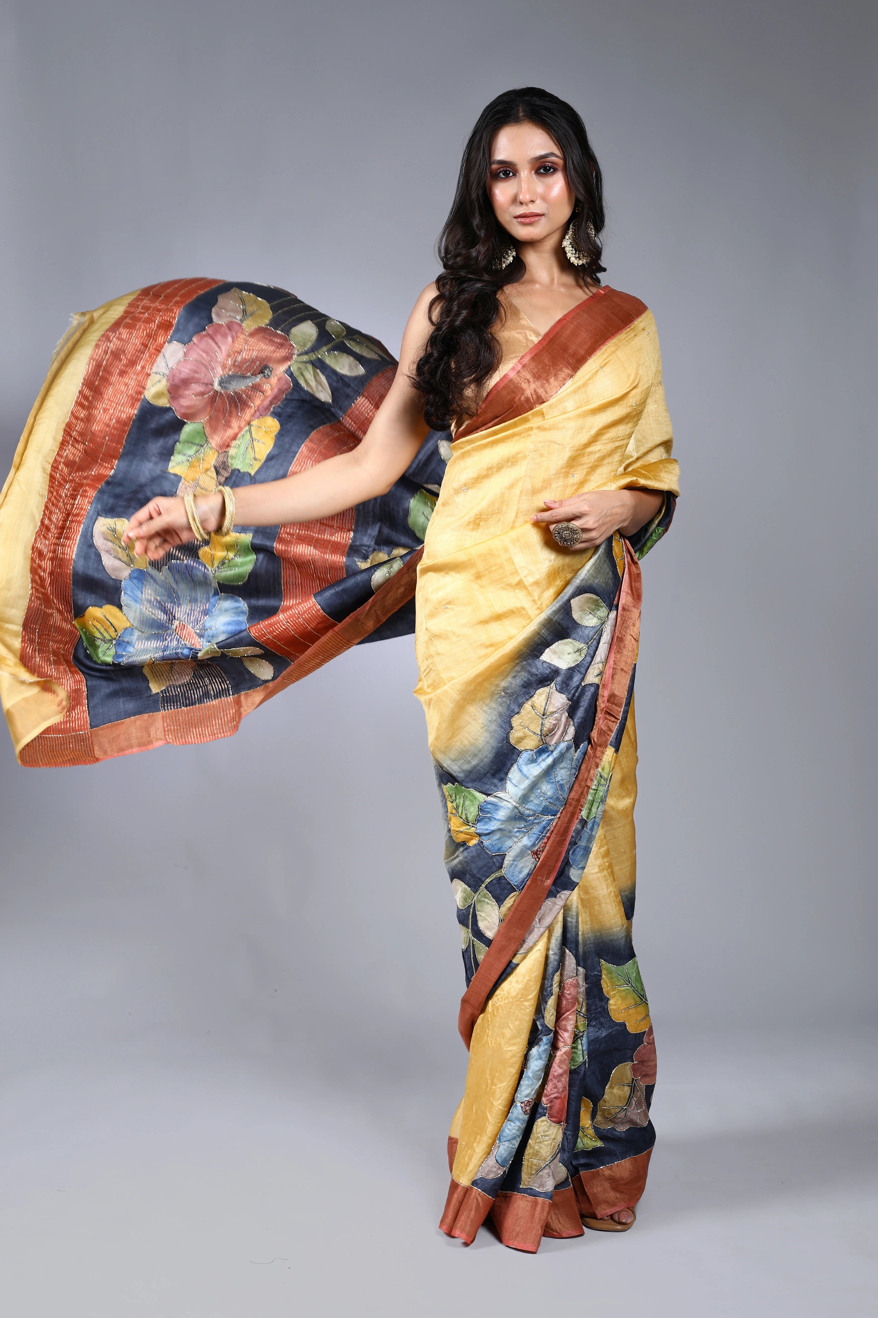 Yellow Tussar Cutdana Embroidery Saree With Blouse Piece