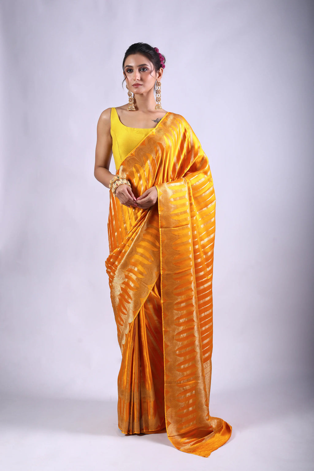 Mango Yellow Semi Mashru Saree With Blouse Piece