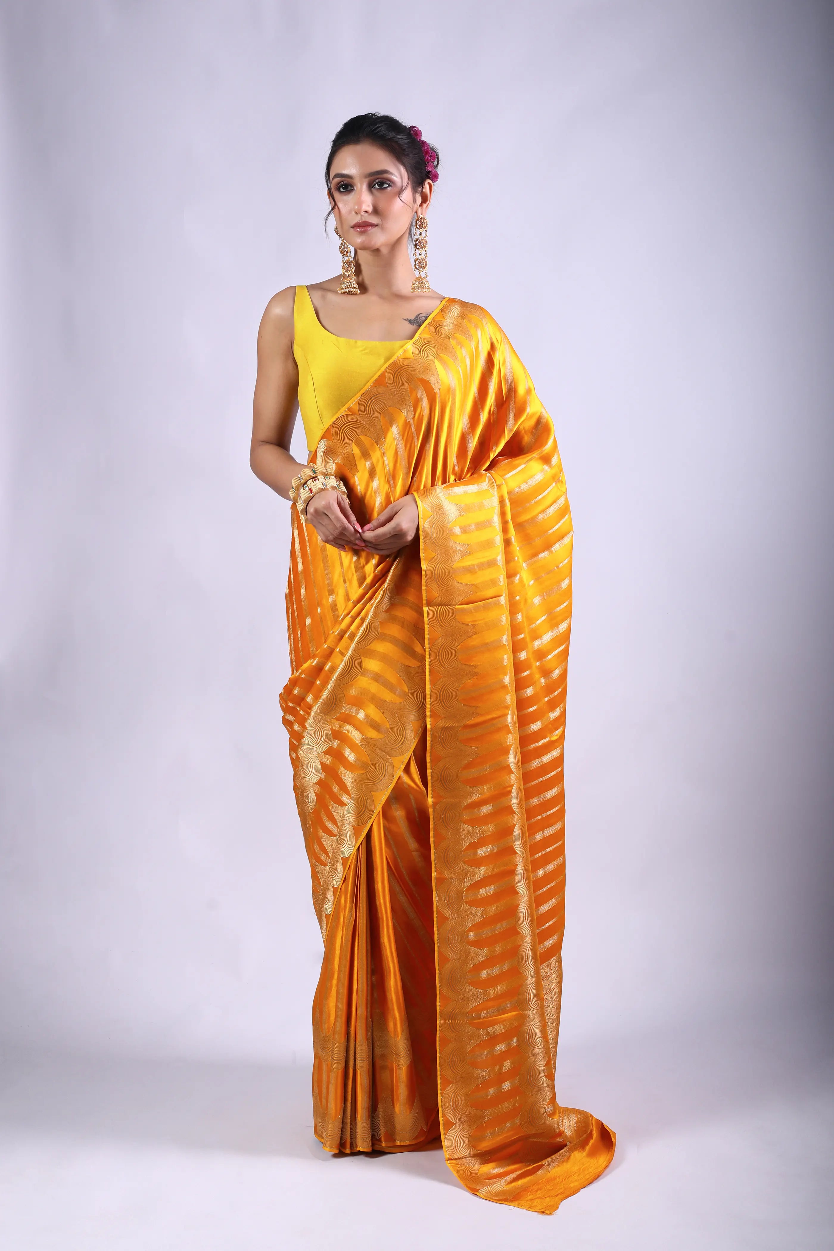 Mango Yellow Semi Mashru Saree With Blouse Piece