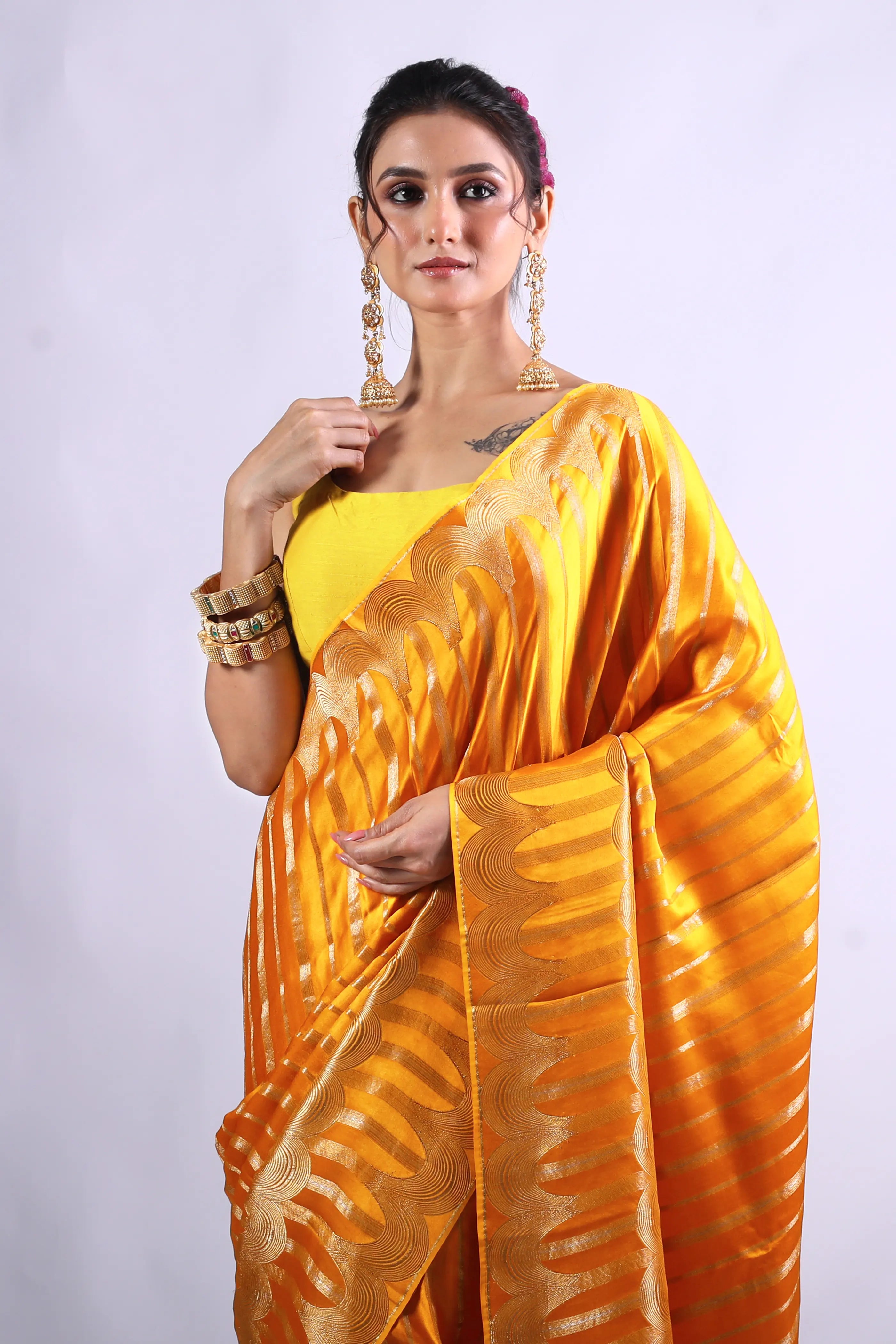 Mango Yellow Semi Mashru Saree With Blouse Piece