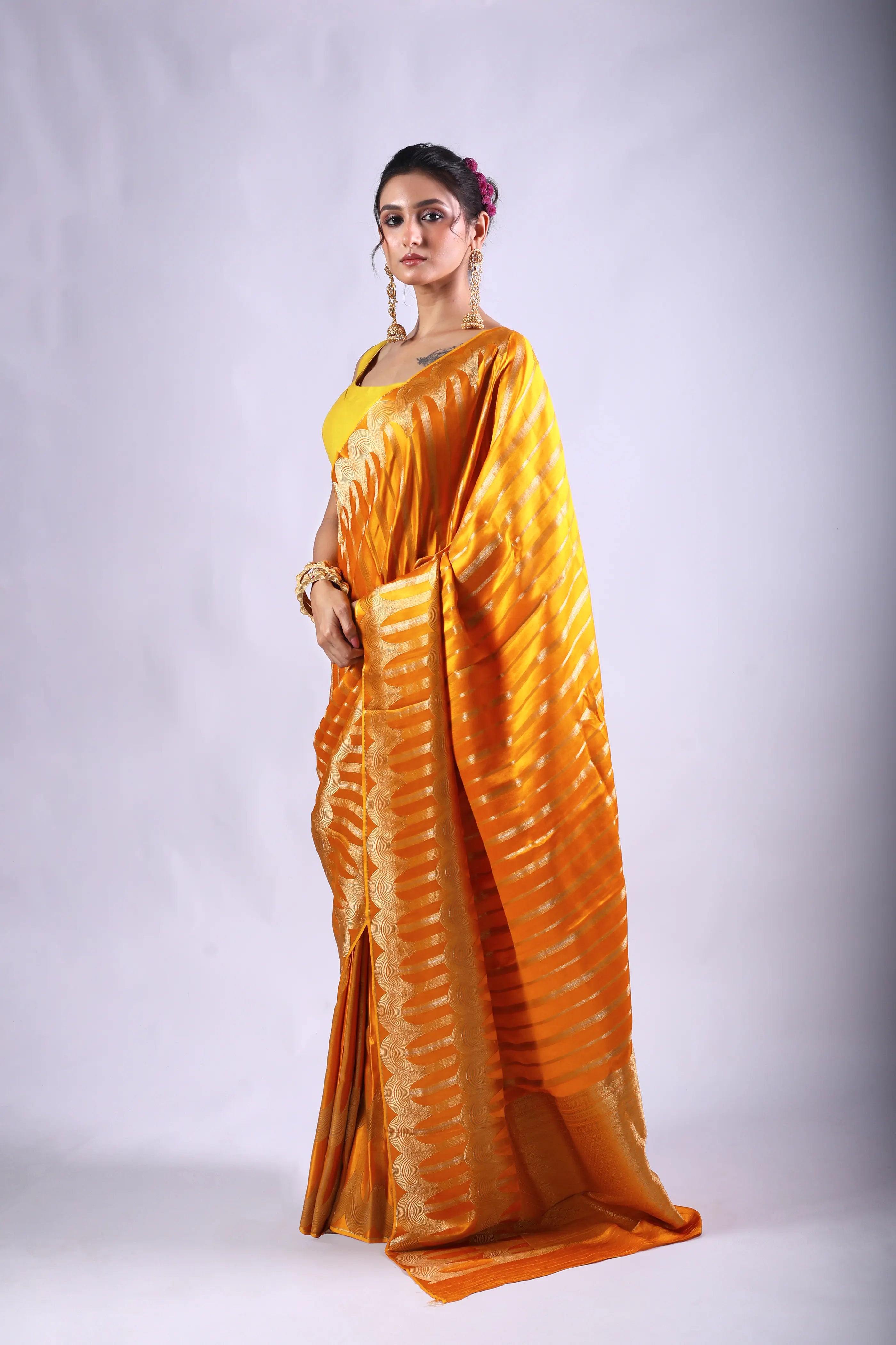 Mango Yellow Semi Mashru Saree With Blouse Piece