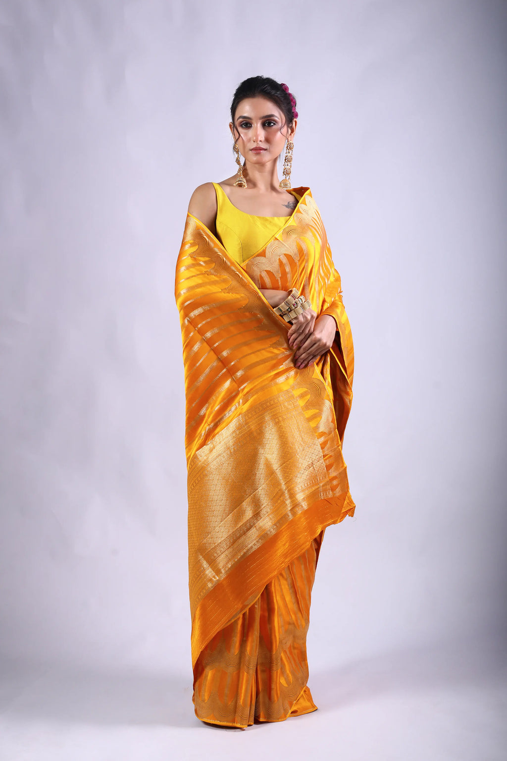 Mango Yellow Semi Mashru Saree With Blouse Piece