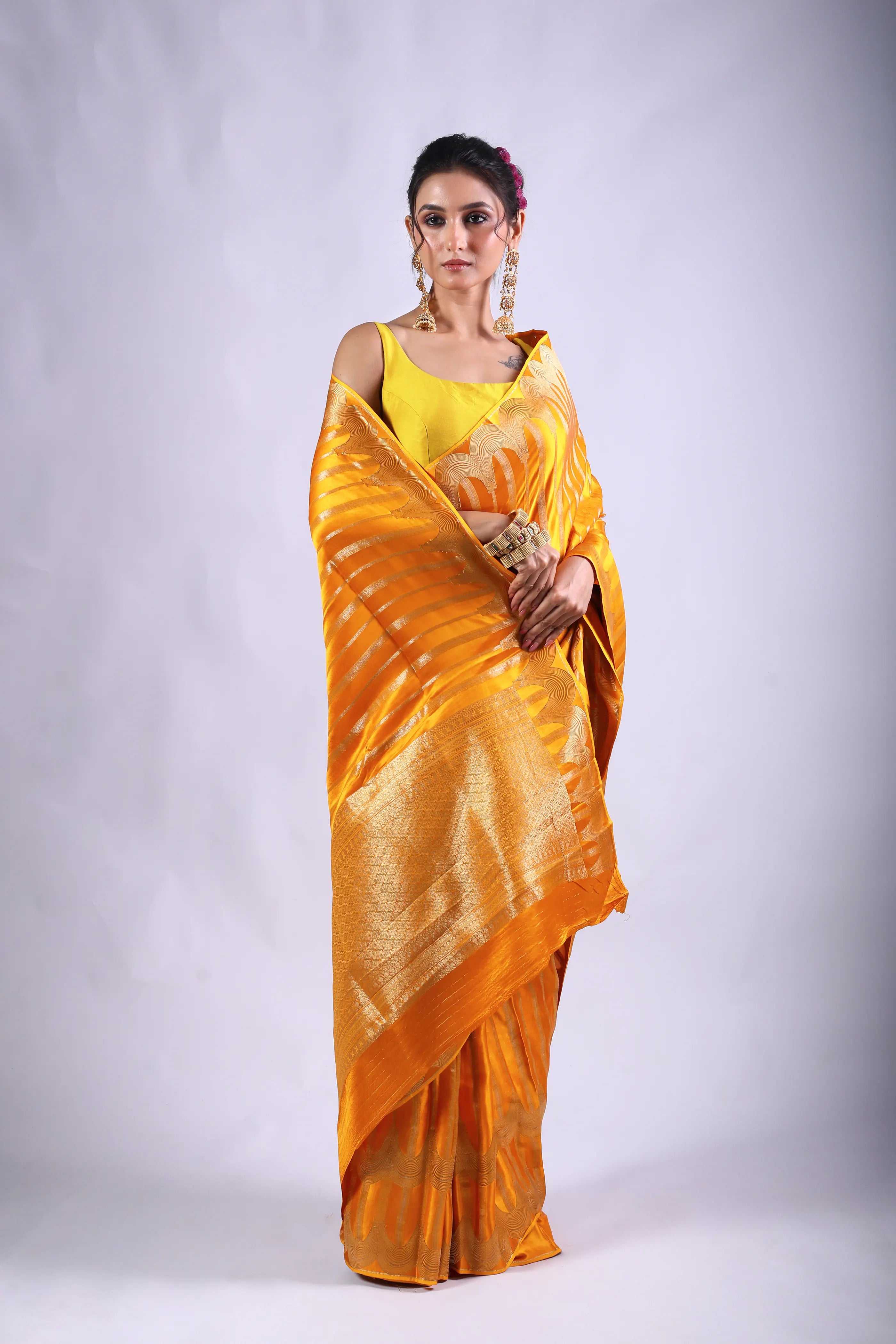 Mango Yellow Semi Mashru Saree With Blouse Piece