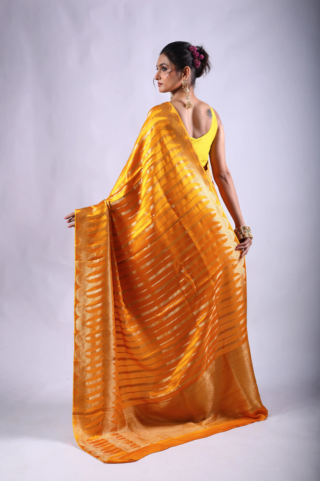 Mango Yellow Semi Mashru Saree With Blouse Piece