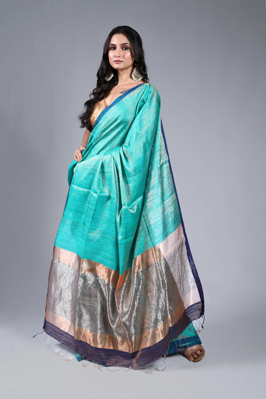 Teal Blue Tissue Matka Saree With Blouse Piece