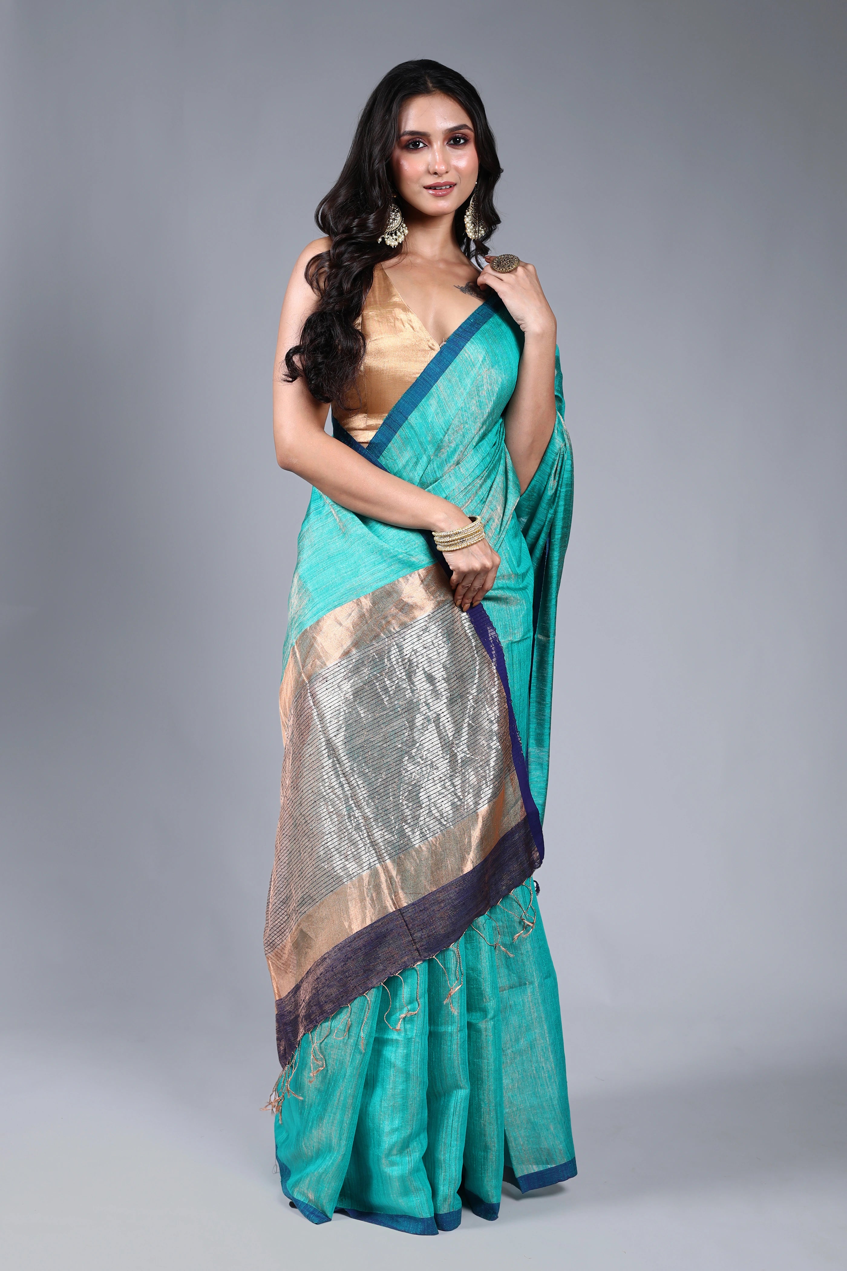 Teal Blue Tissue Matka Saree With Blouse Piece