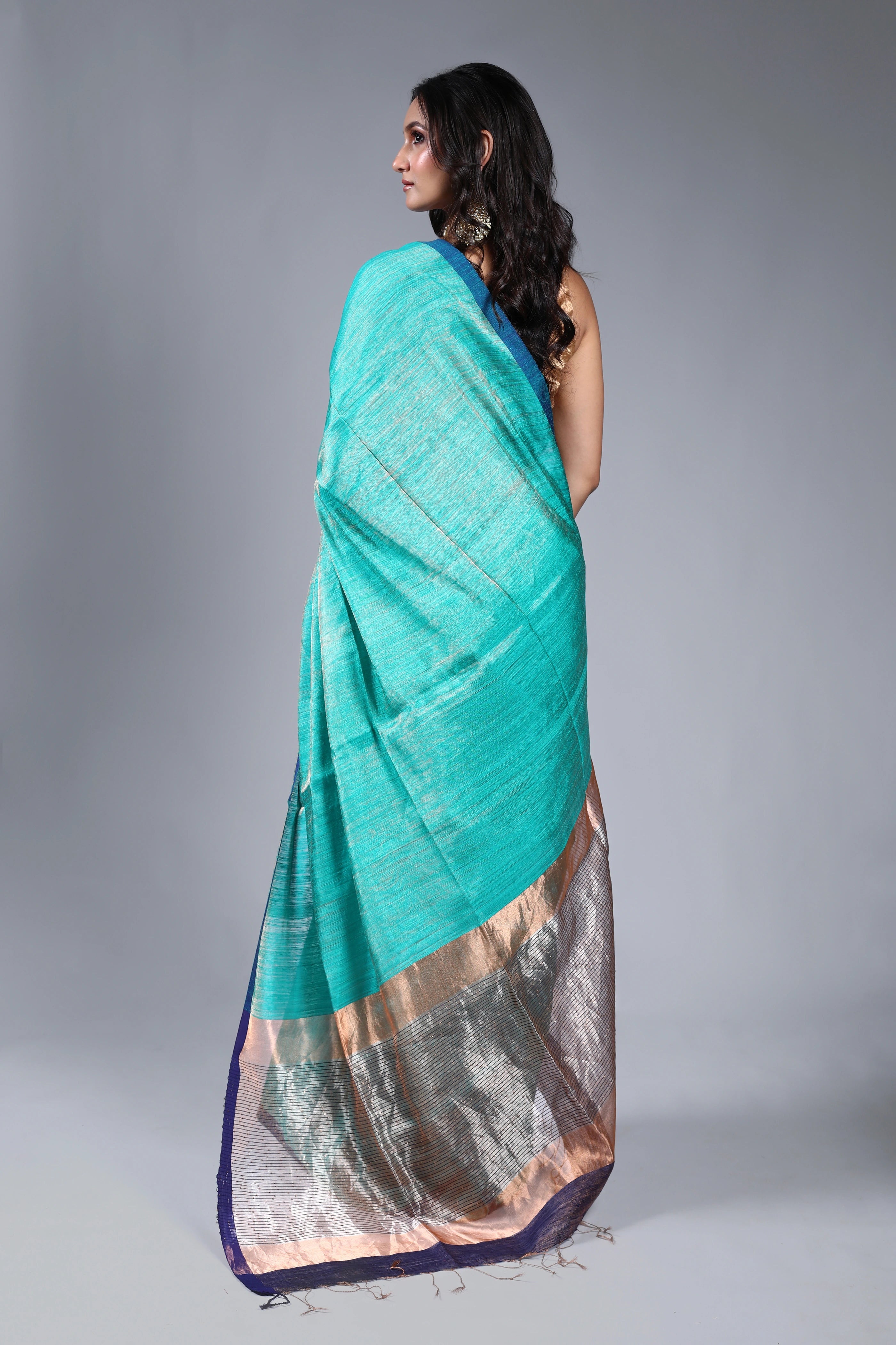 Teal Blue Tissue Matka Saree With Blouse Piece