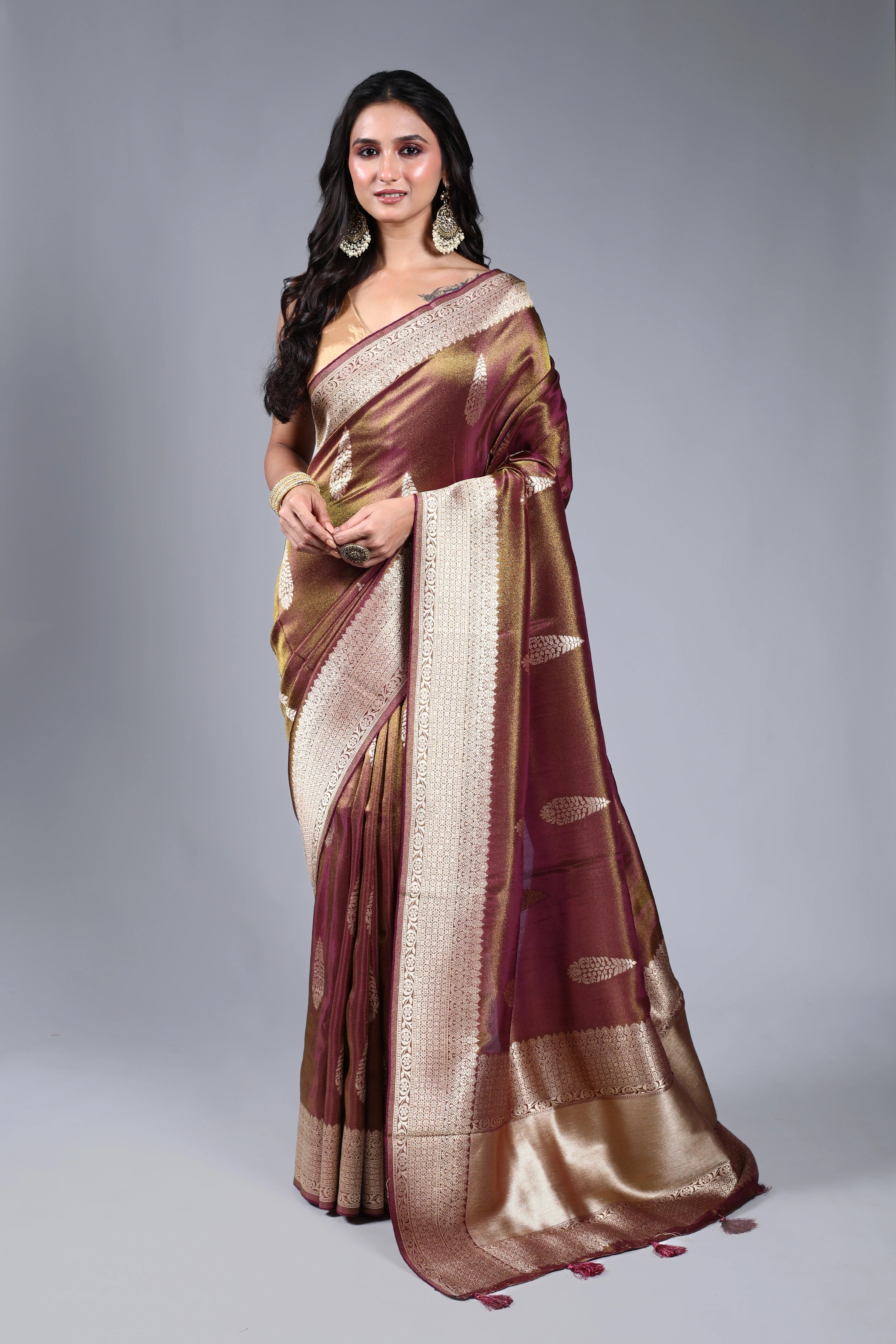 Wine Semi Tissue Banarasi Saree With Blouse Piece