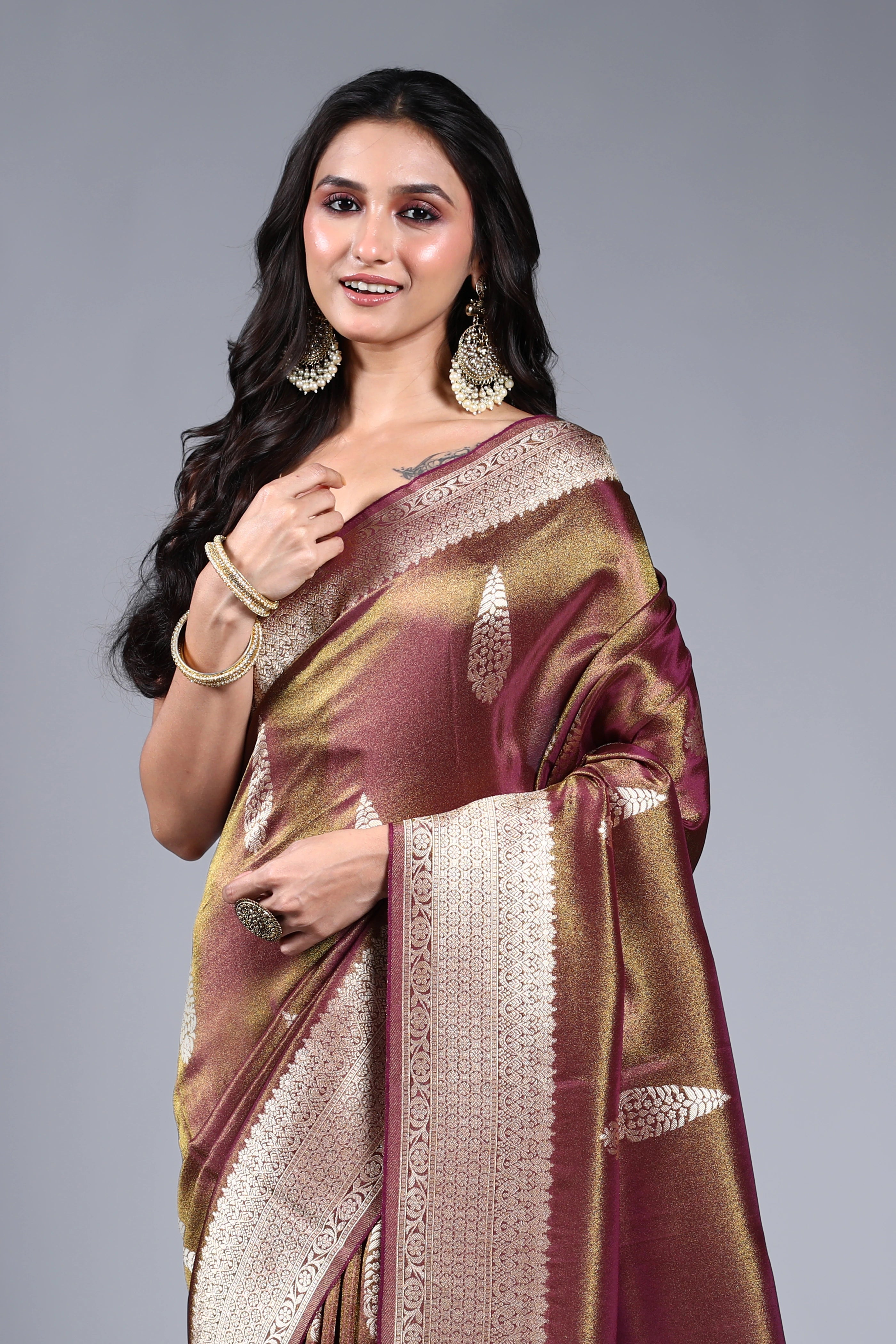 Wine Semi Tissue Banarasi Saree With Blouse Piece