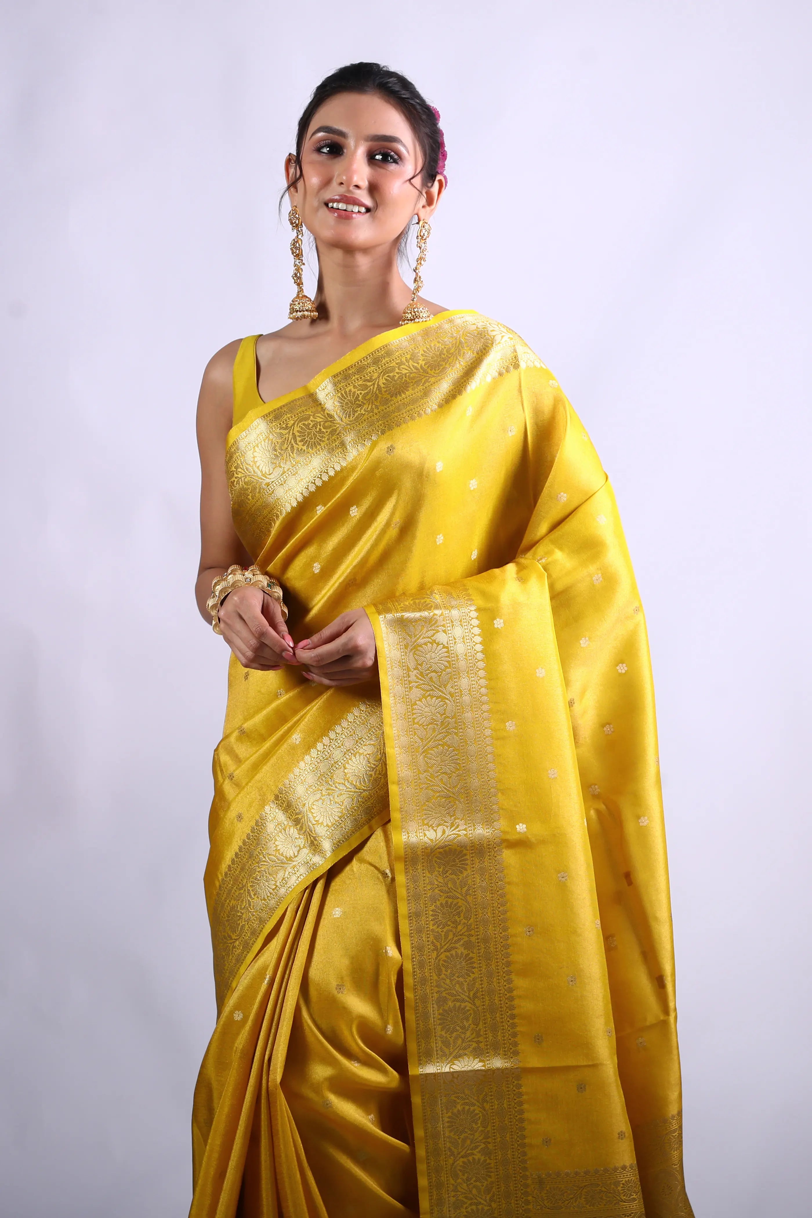Yellow Blended Tissue Banarasi Saree With Blouse Piece