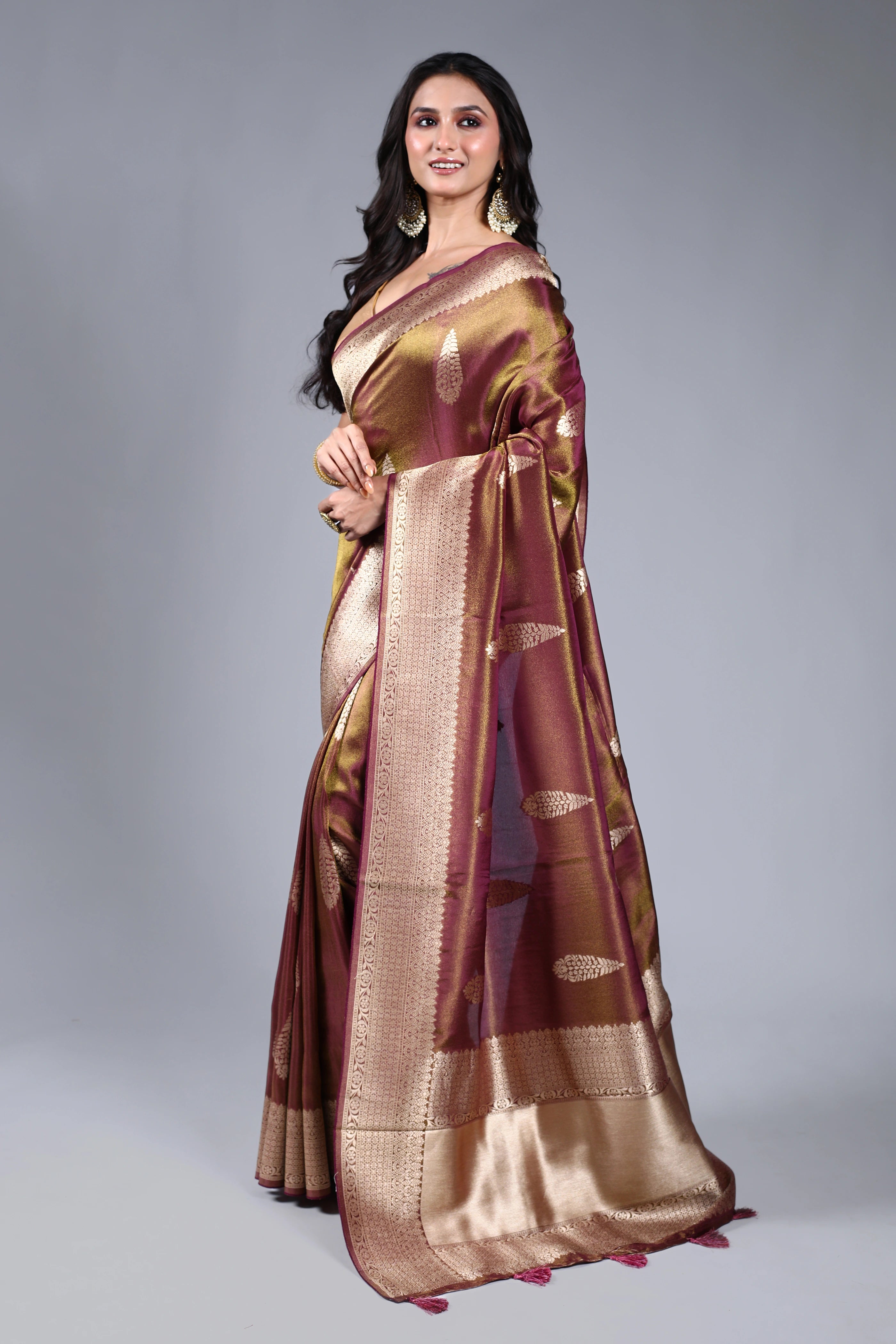 Wine Semi Tissue Banarasi Saree With Blouse Piece