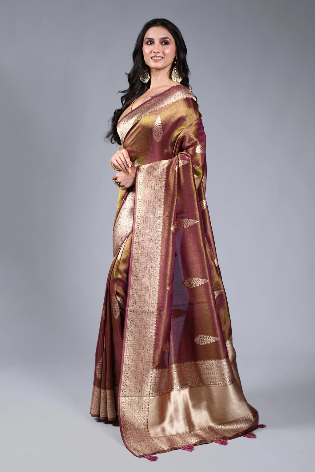 Wine Semi Tissue Banarasi Saree With Blouse Piece